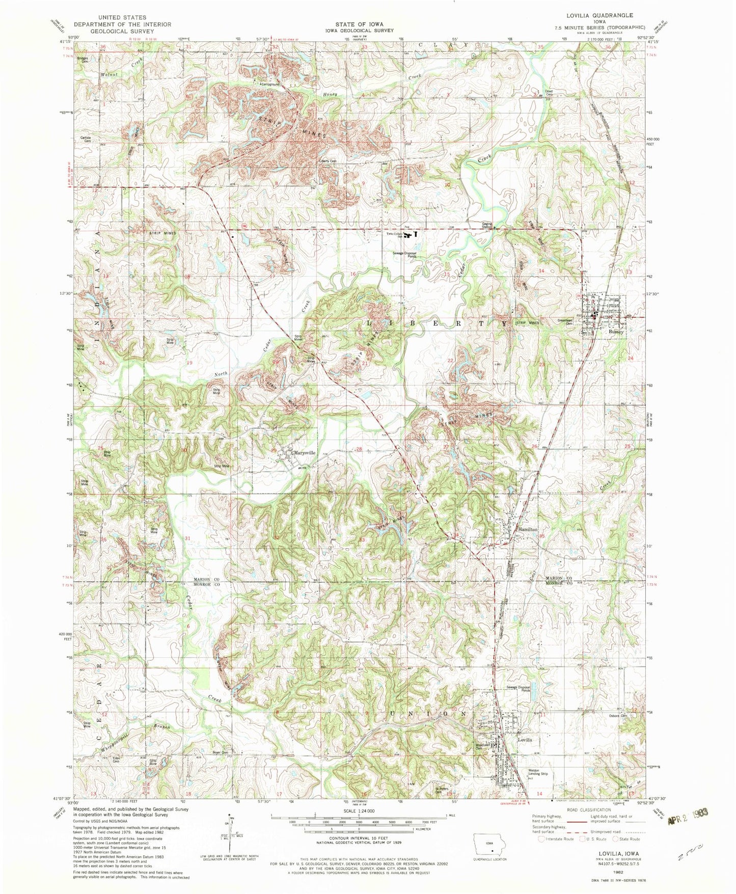 Classic USGS Lovilia Iowa 7.5'x7.5' Topo Map Image