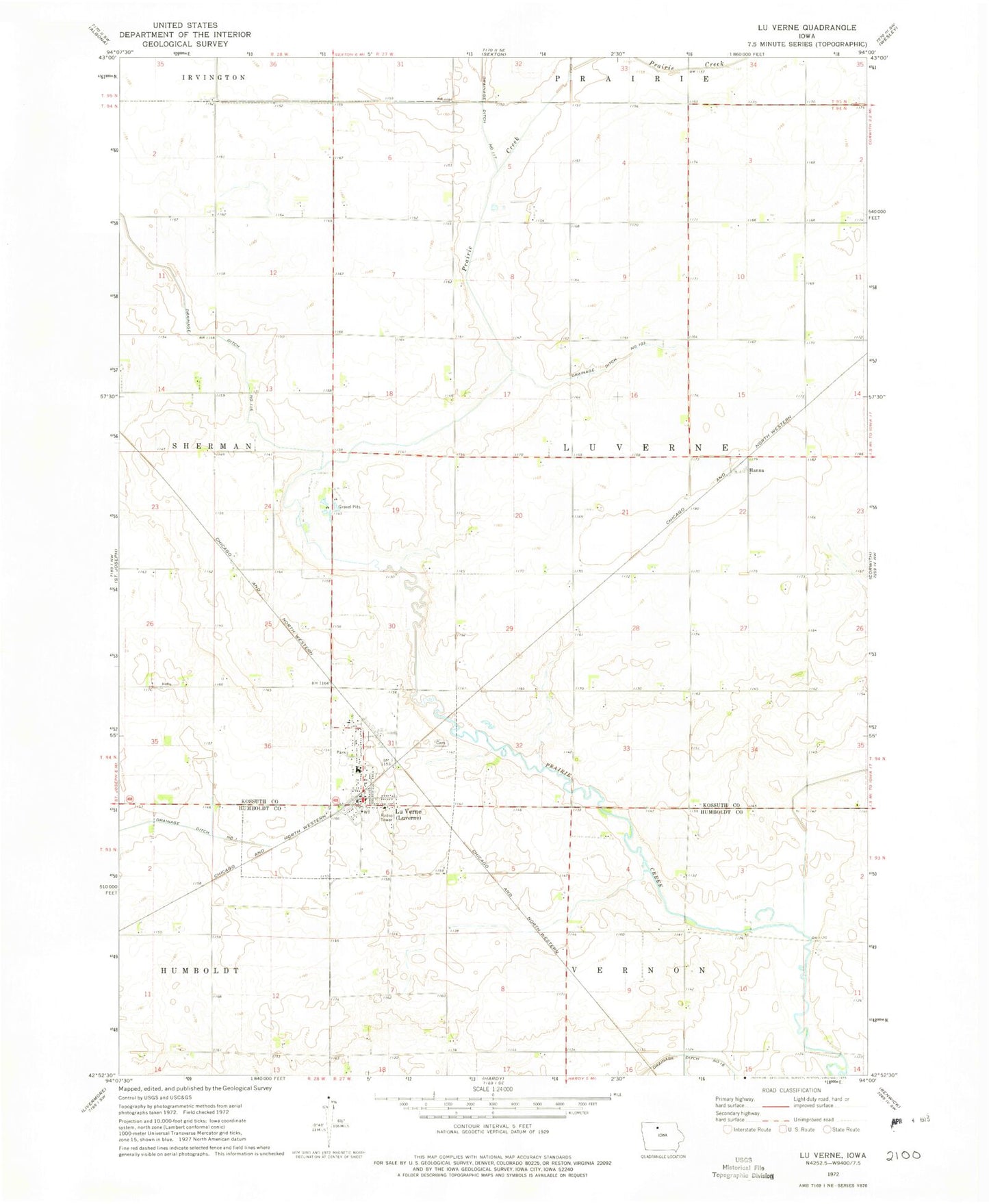 Classic USGS Lu Verne Iowa 7.5'x7.5' Topo Map Image