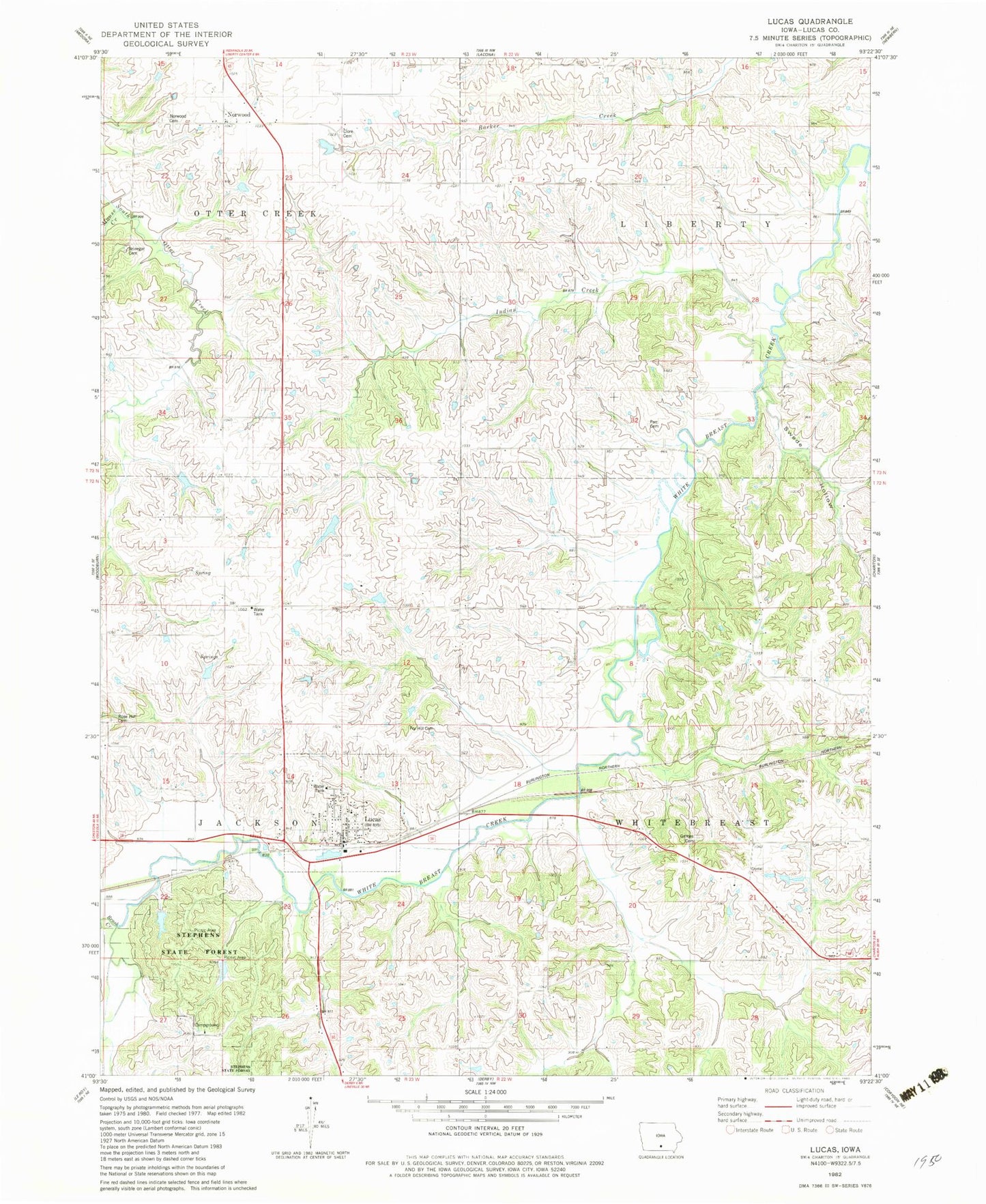 Classic USGS Lucas Iowa 7.5'x7.5' Topo Map Image