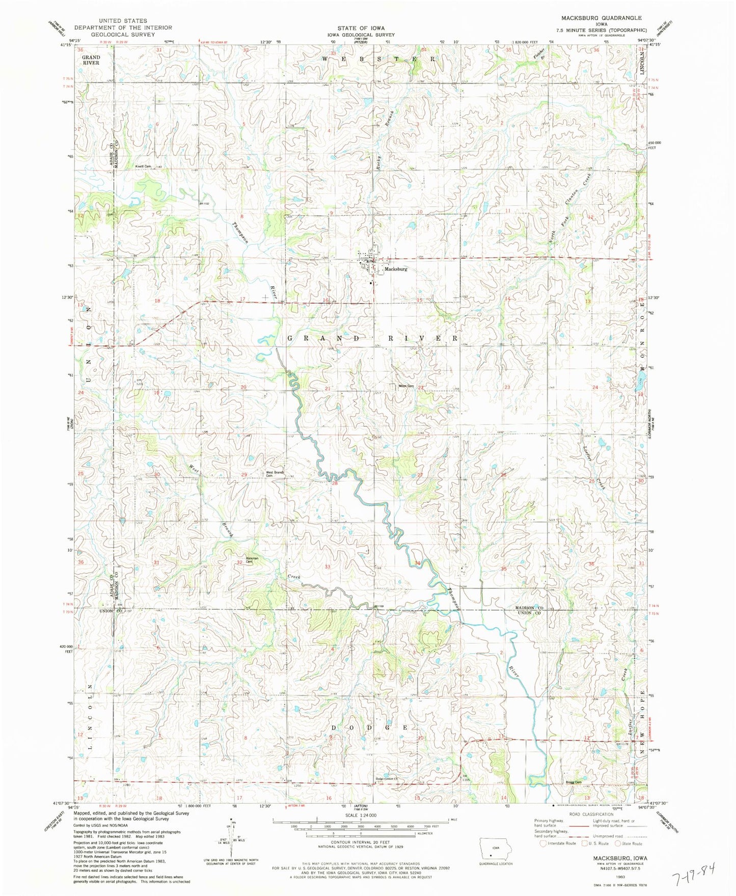 Classic USGS Macksburg Iowa 7.5'x7.5' Topo Map Image