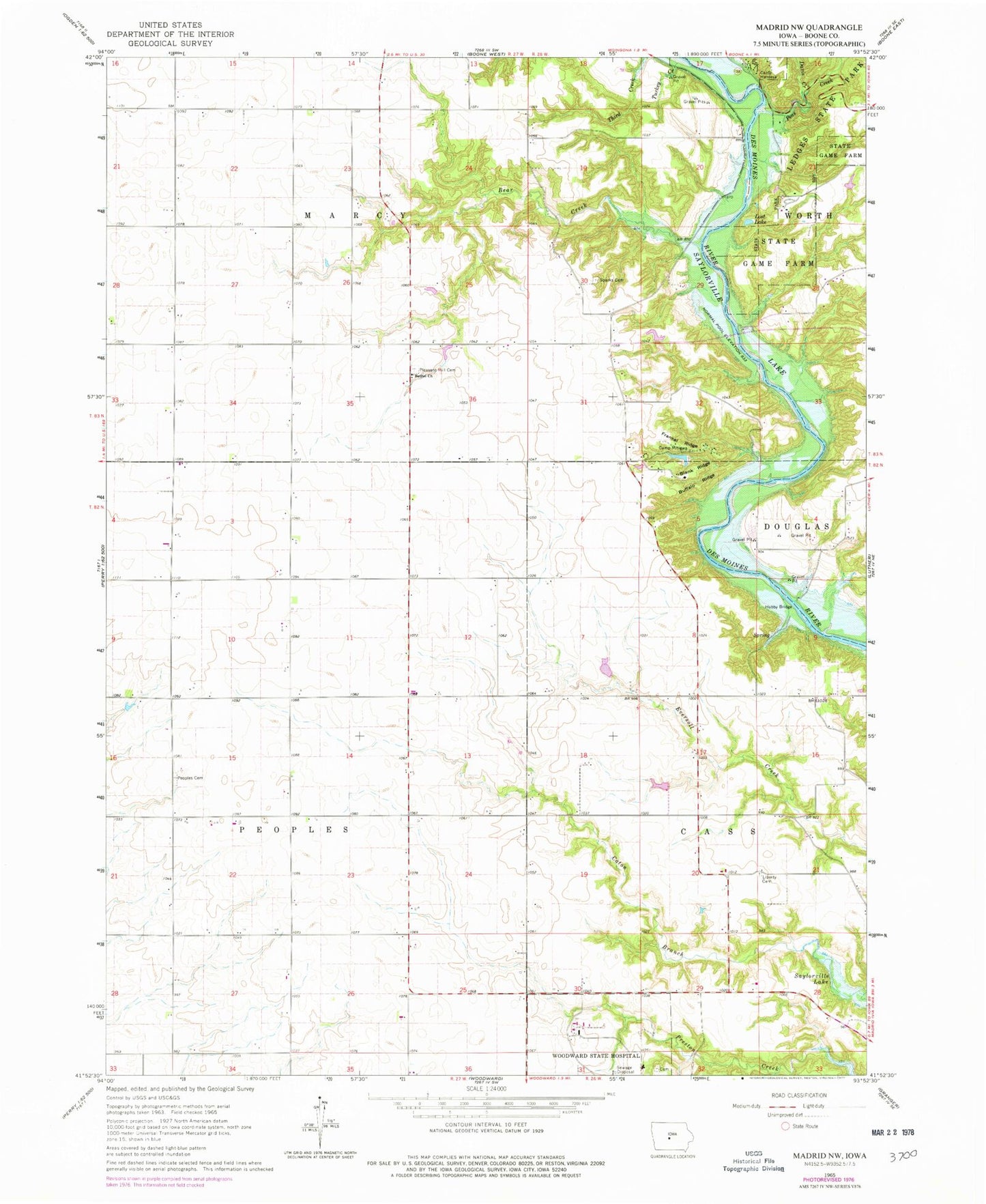 Classic USGS Madrid NW Iowa 7.5'x7.5' Topo Map Image