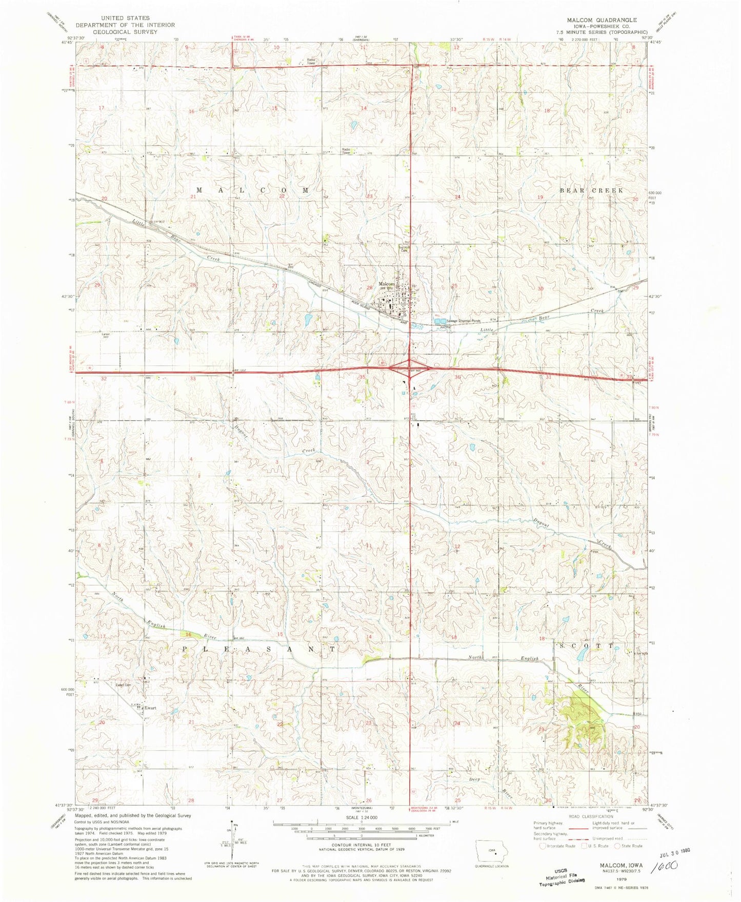 Classic USGS Malcom Iowa 7.5'x7.5' Topo Map Image