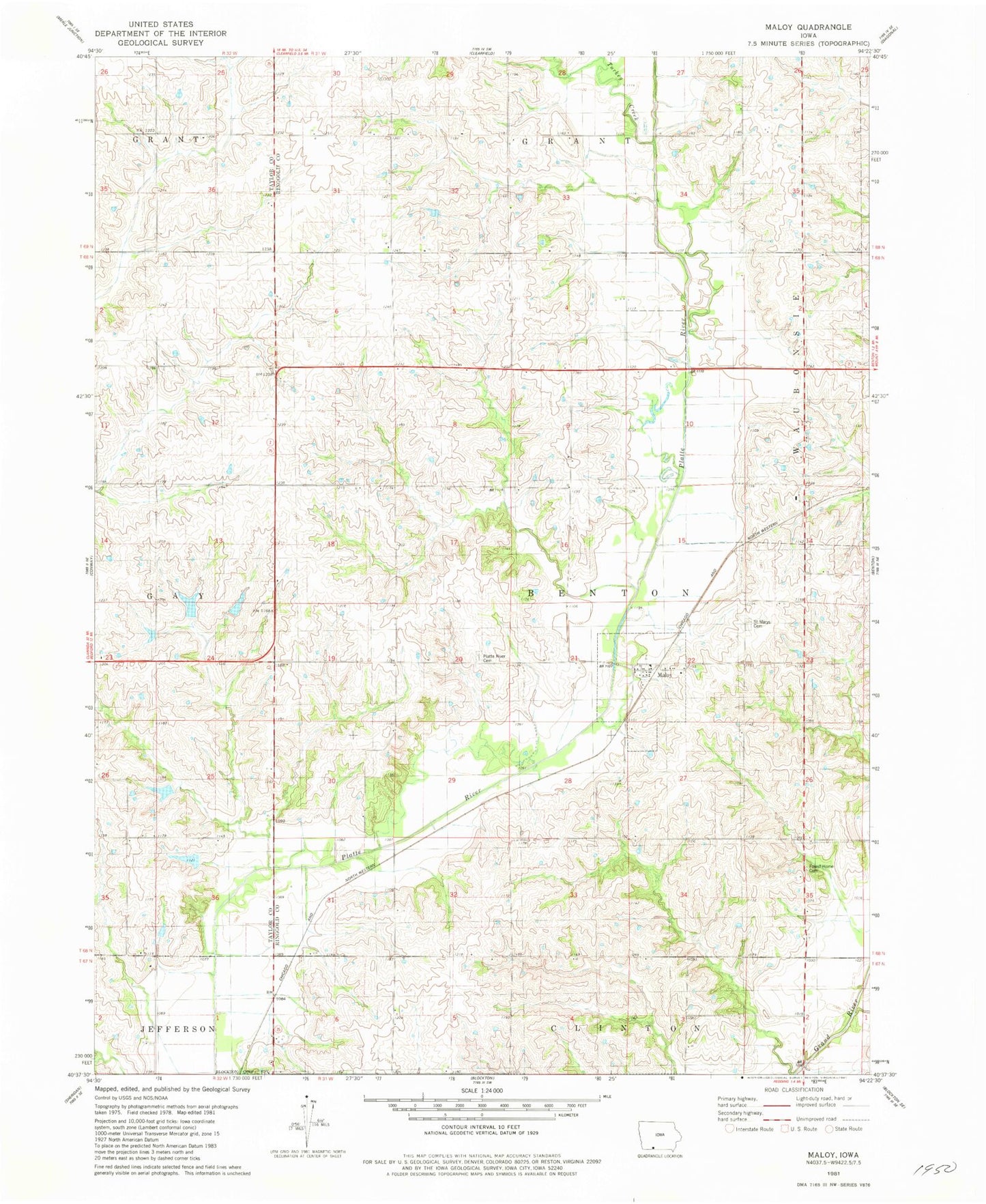 Classic USGS Maloy Iowa 7.5'x7.5' Topo Map Image