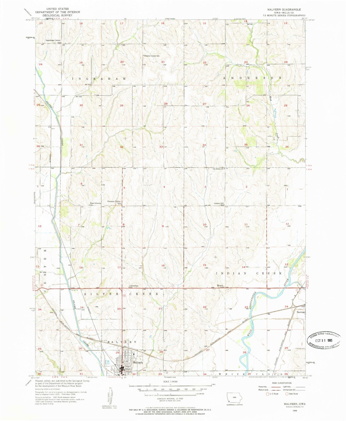 Classic USGS Malvern Iowa 7.5'x7.5' Topo Map Image