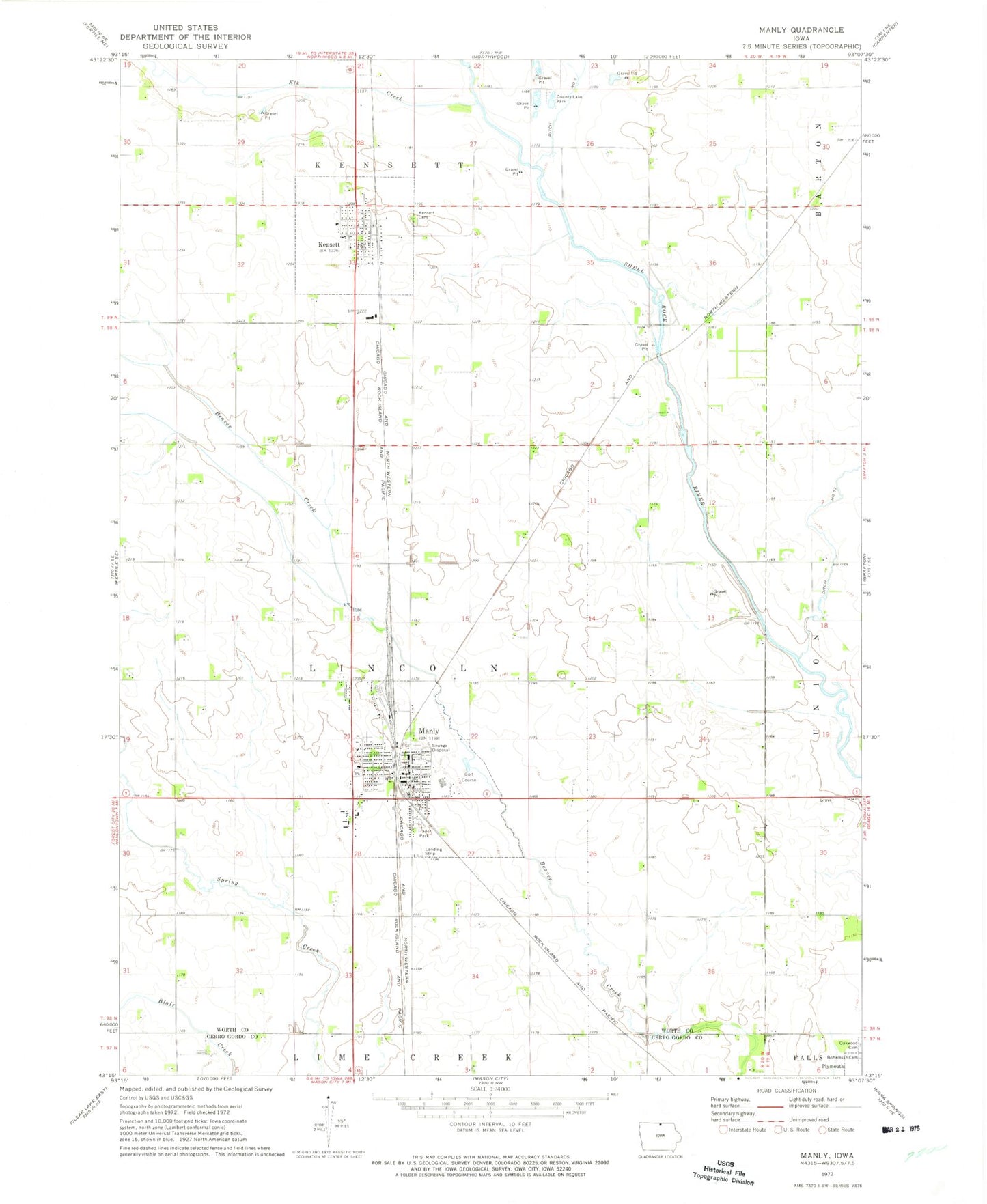 Classic USGS Manly Iowa 7.5'x7.5' Topo Map Image