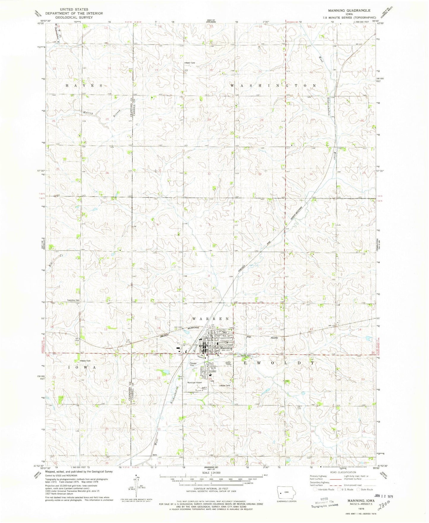 Classic USGS Manning Iowa 7.5'x7.5' Topo Map Image