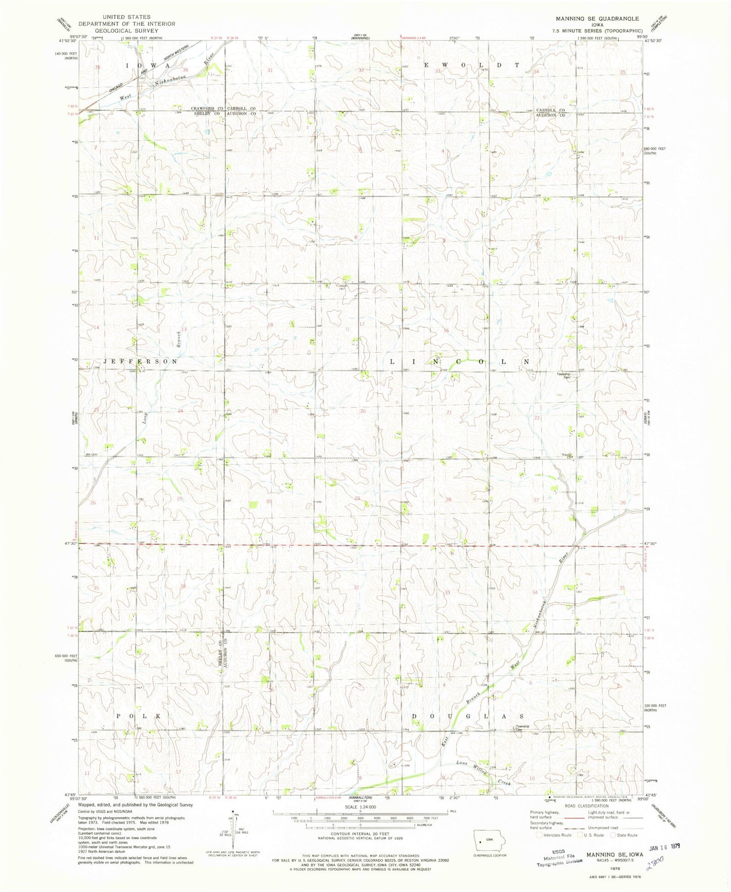 Classic USGS Manning SE Iowa 7.5'x7.5' Topo Map Image