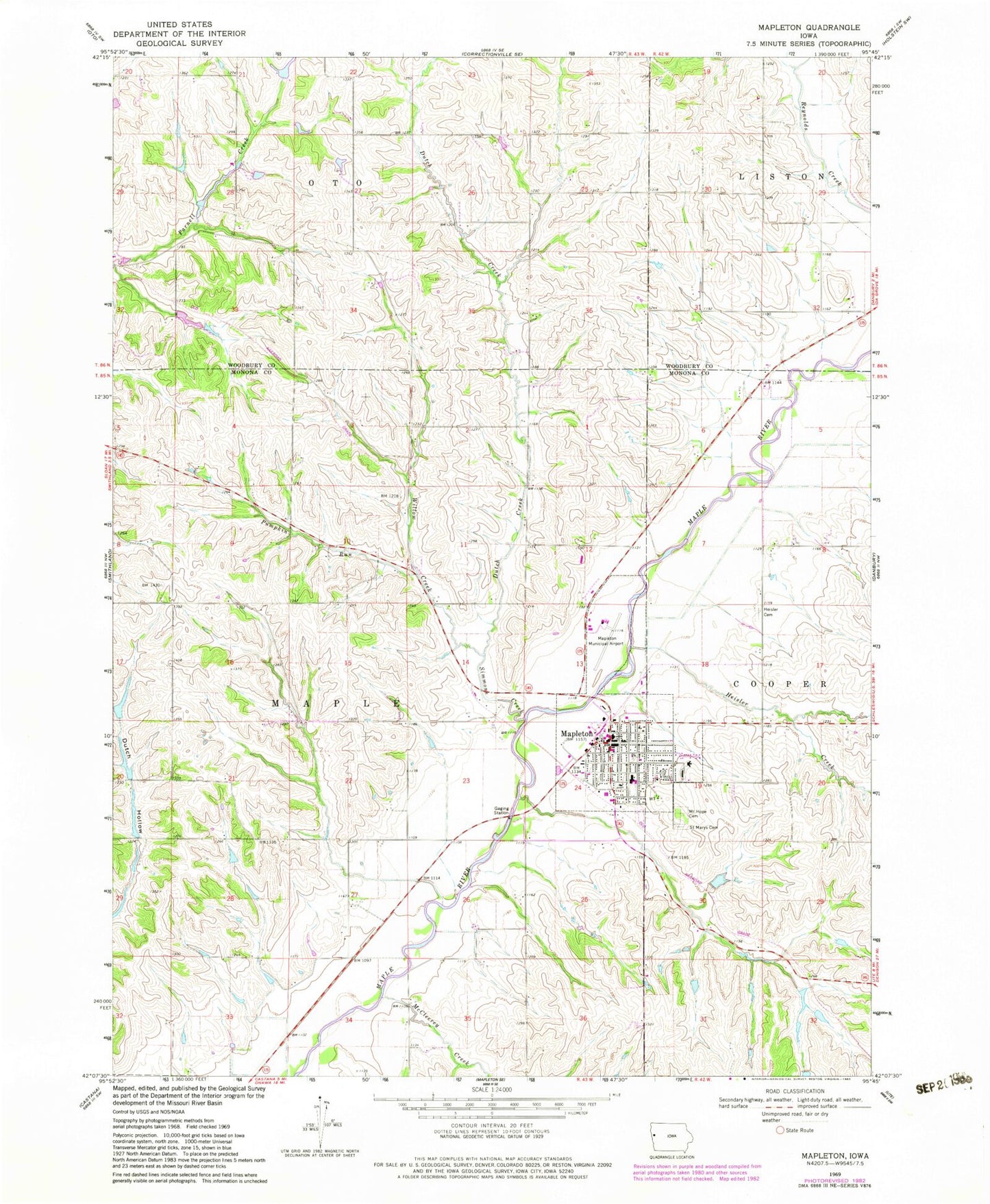 Classic USGS Mapleton Iowa 7.5'x7.5' Topo Map Image