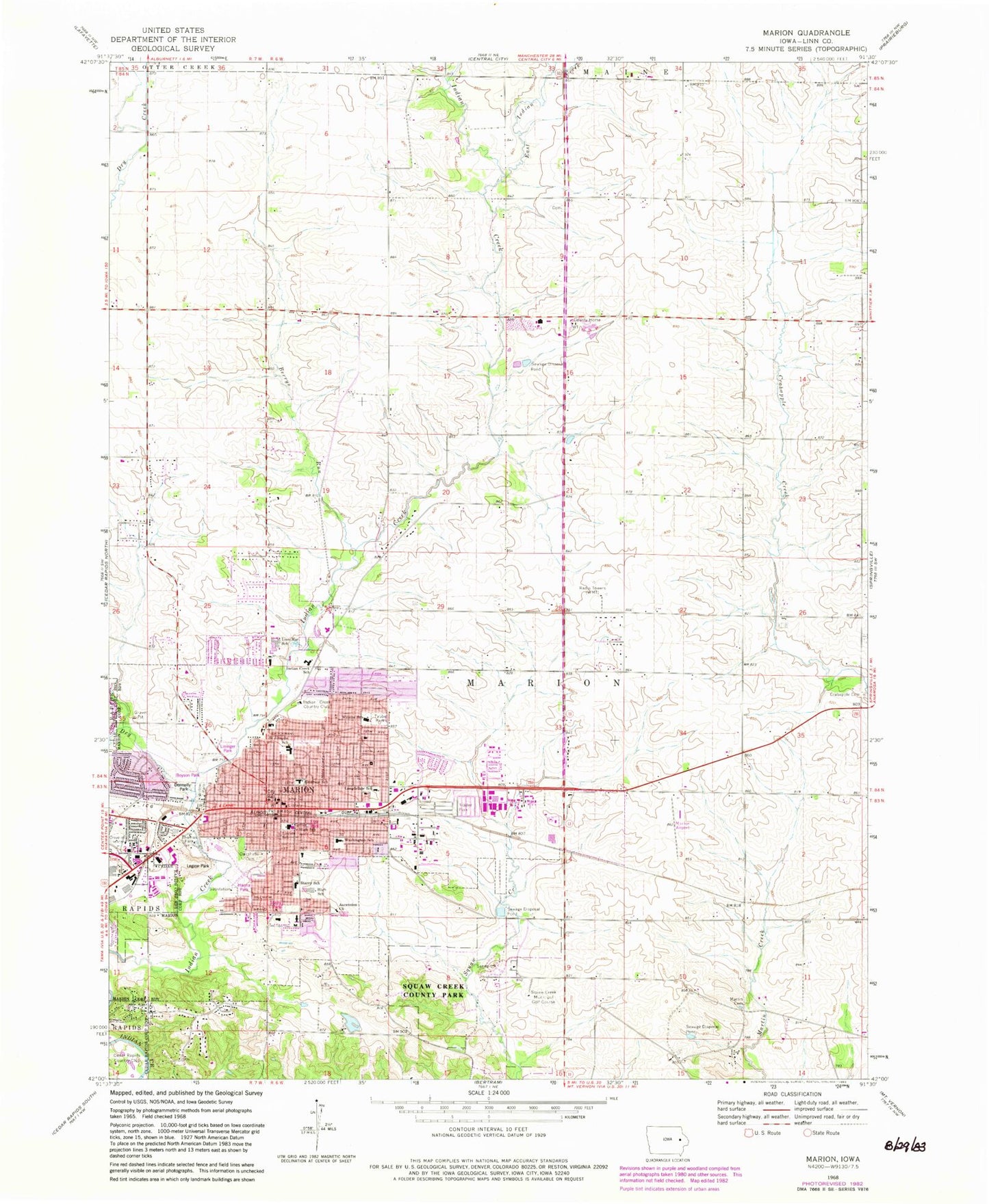 Classic USGS Marion Iowa 7.5'x7.5' Topo Map Image