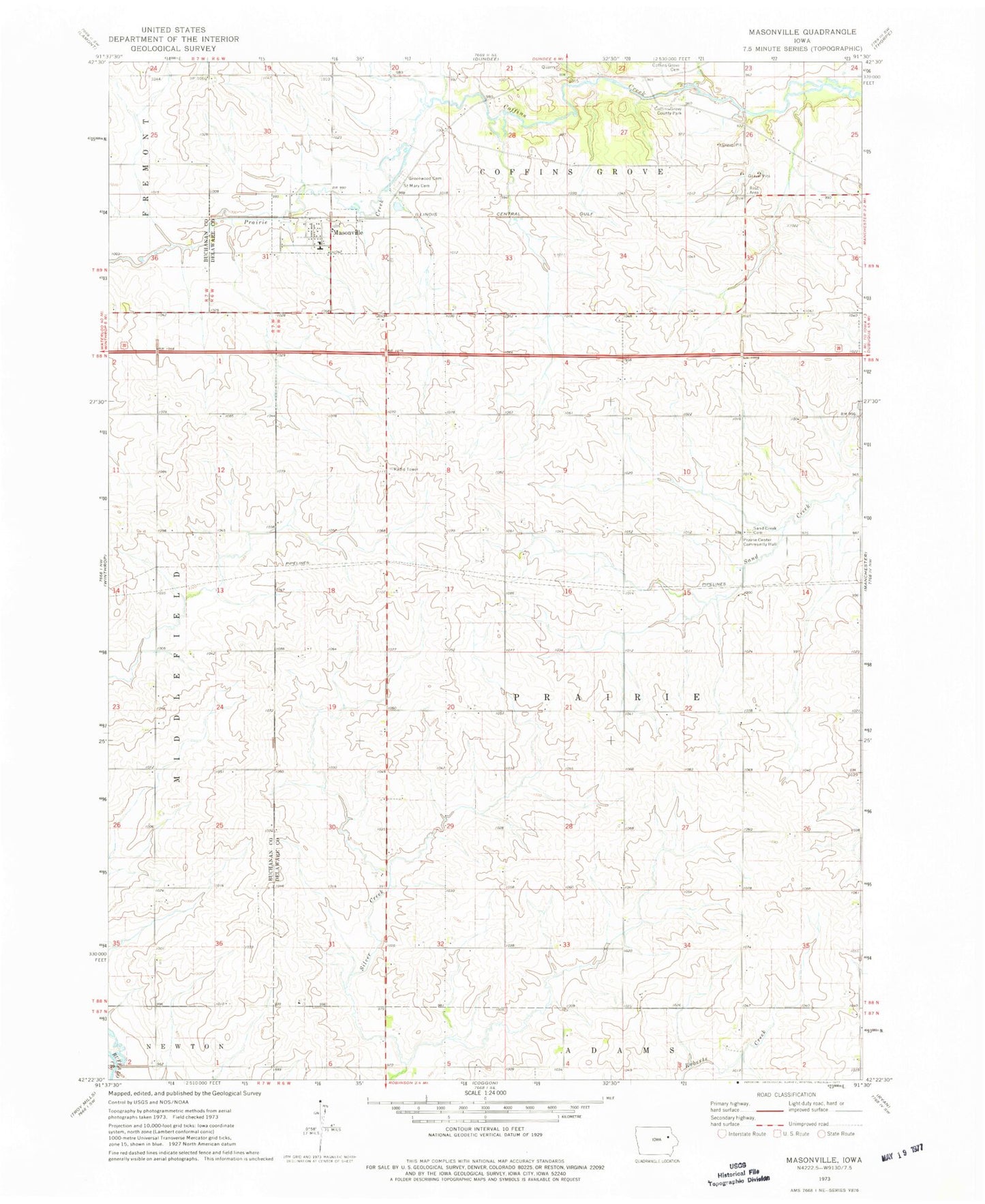 Classic USGS Masonville Iowa 7.5'x7.5' Topo Map Image