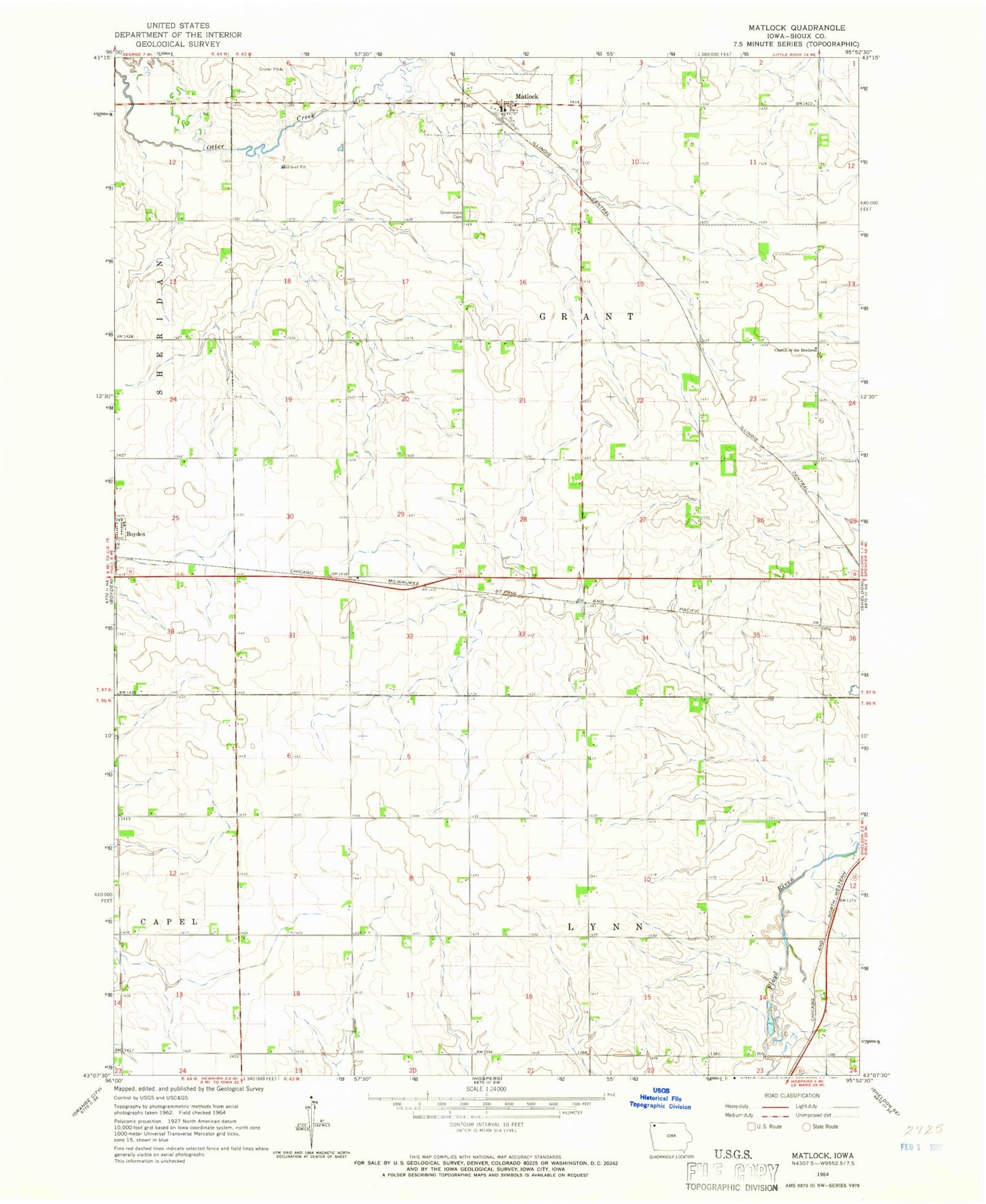 Classic USGS Matlock Iowa 7.5'x7.5' Topo Map Image