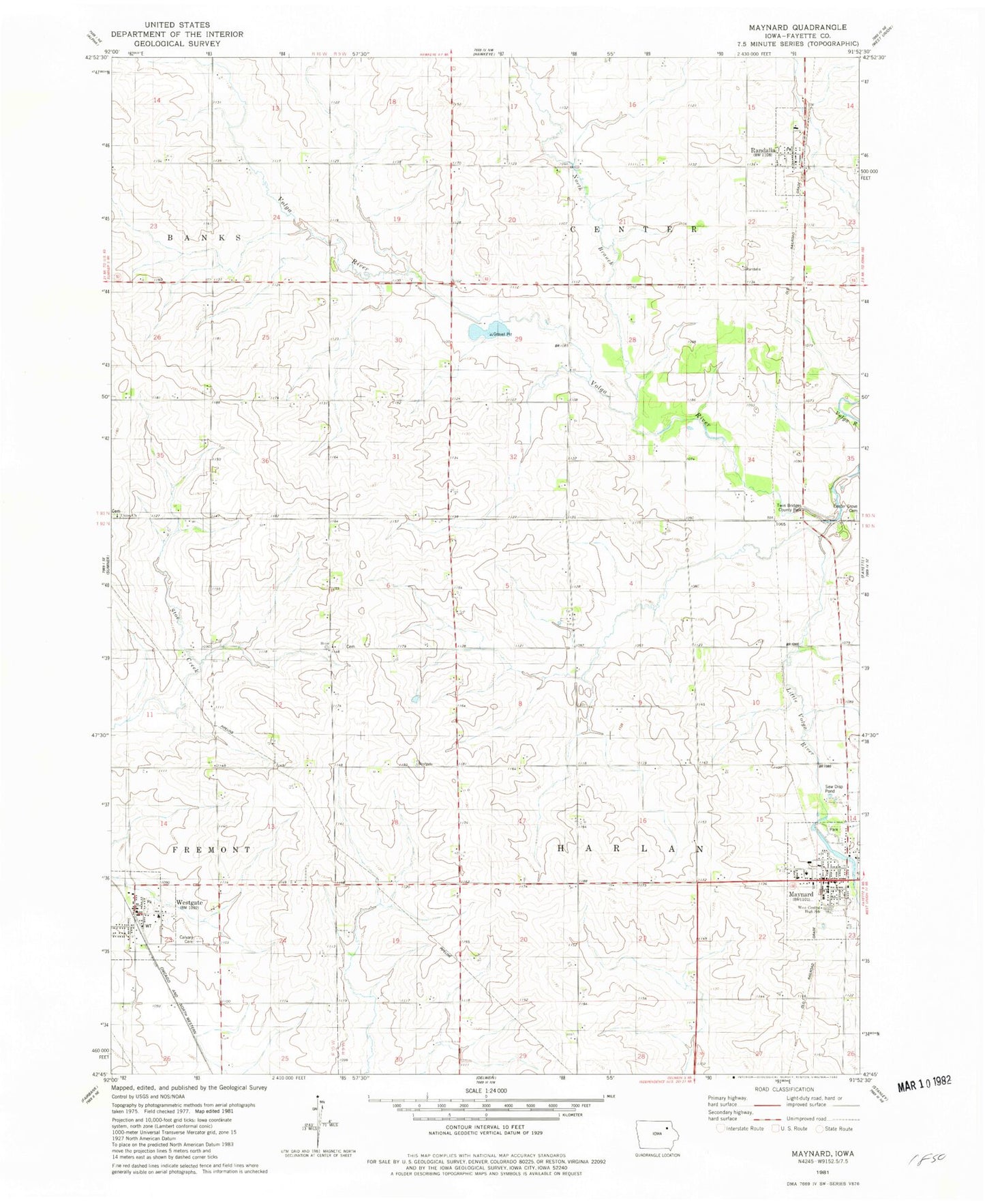 Classic USGS Maynard Iowa 7.5'x7.5' Topo Map Image