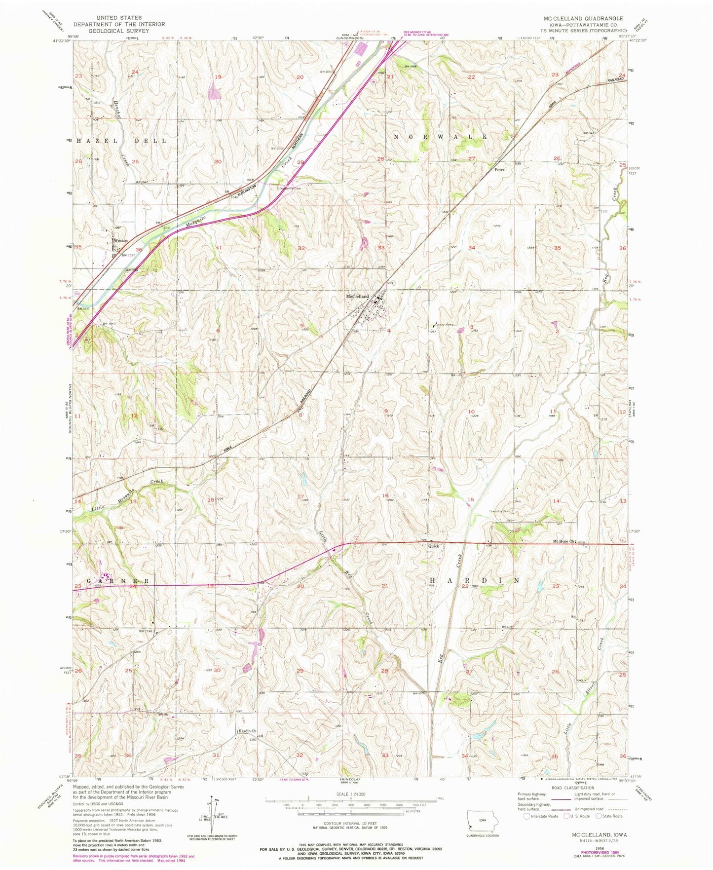 Classic USGS McClelland Iowa 7.5'x7.5' Topo Map Image
