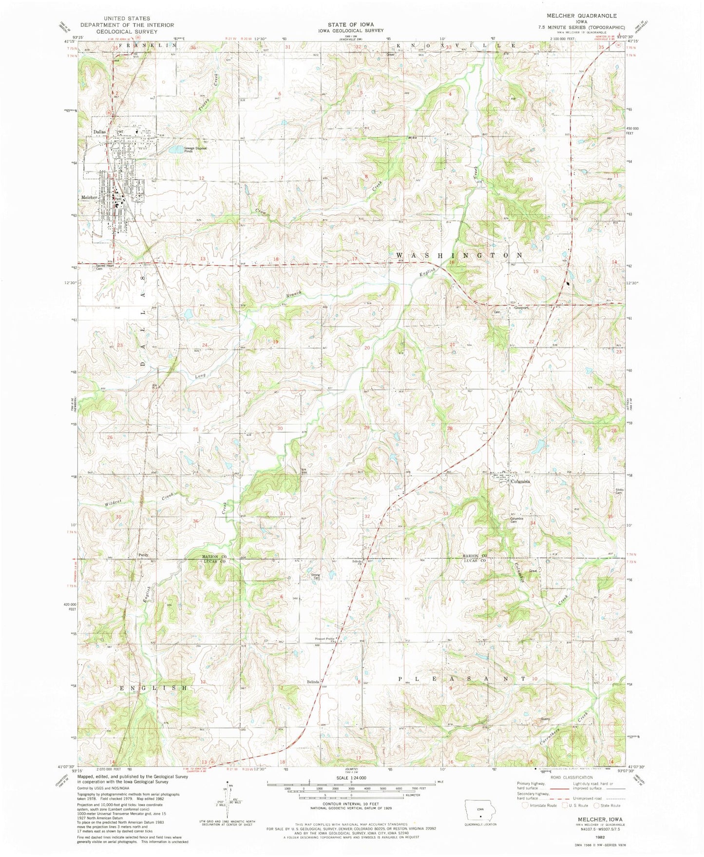 Classic USGS Melcher-Dallas Iowa 7.5'x7.5' Topo Map Image