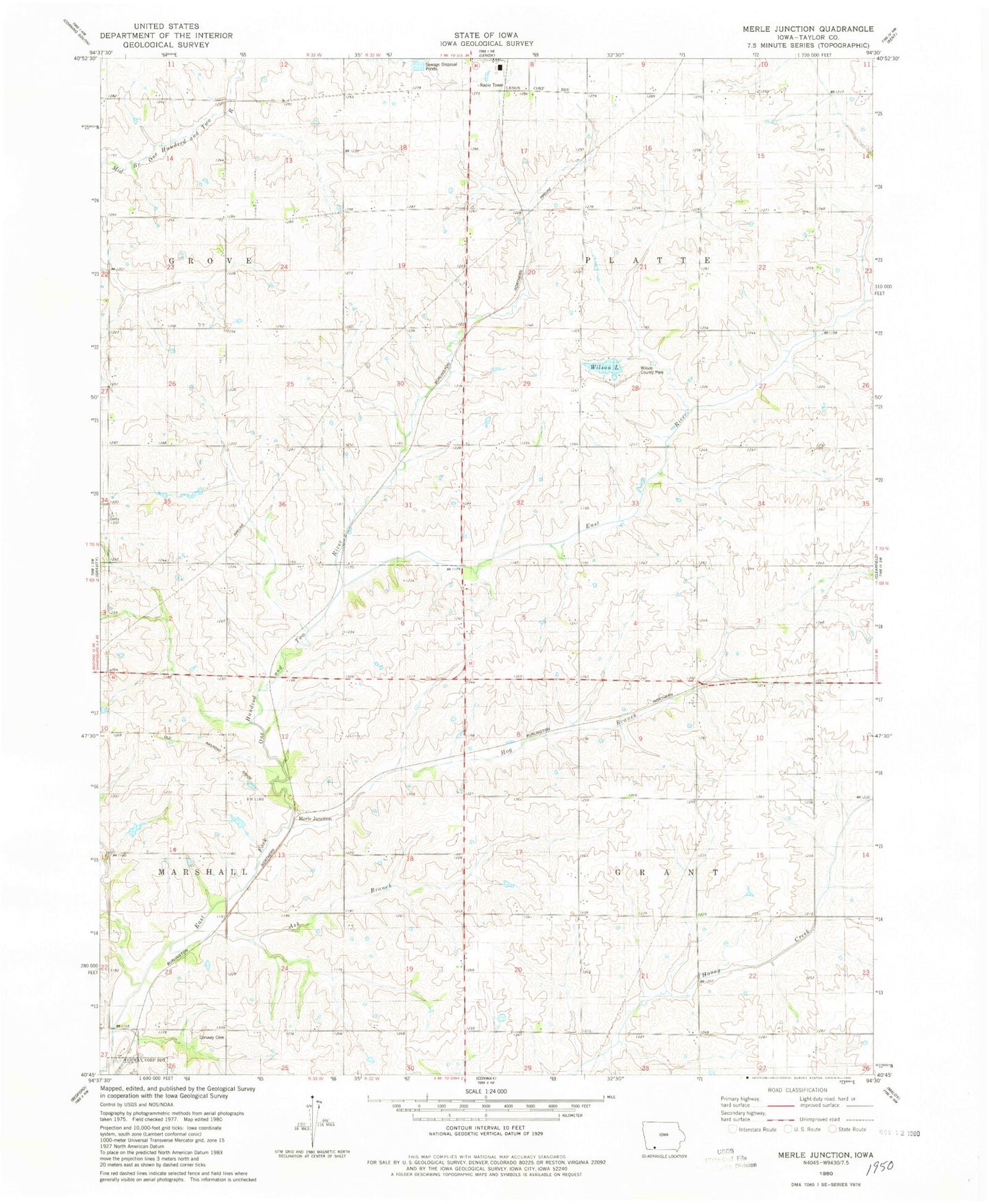 Classic USGS Merle Junction Iowa 7.5'x7.5' Topo Map Image