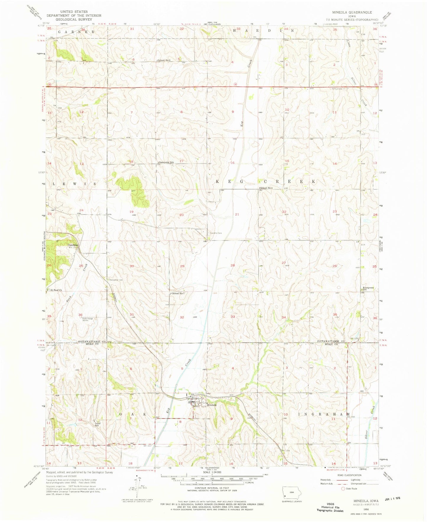 Classic USGS Mineola Iowa 7.5'x7.5' Topo Map Image