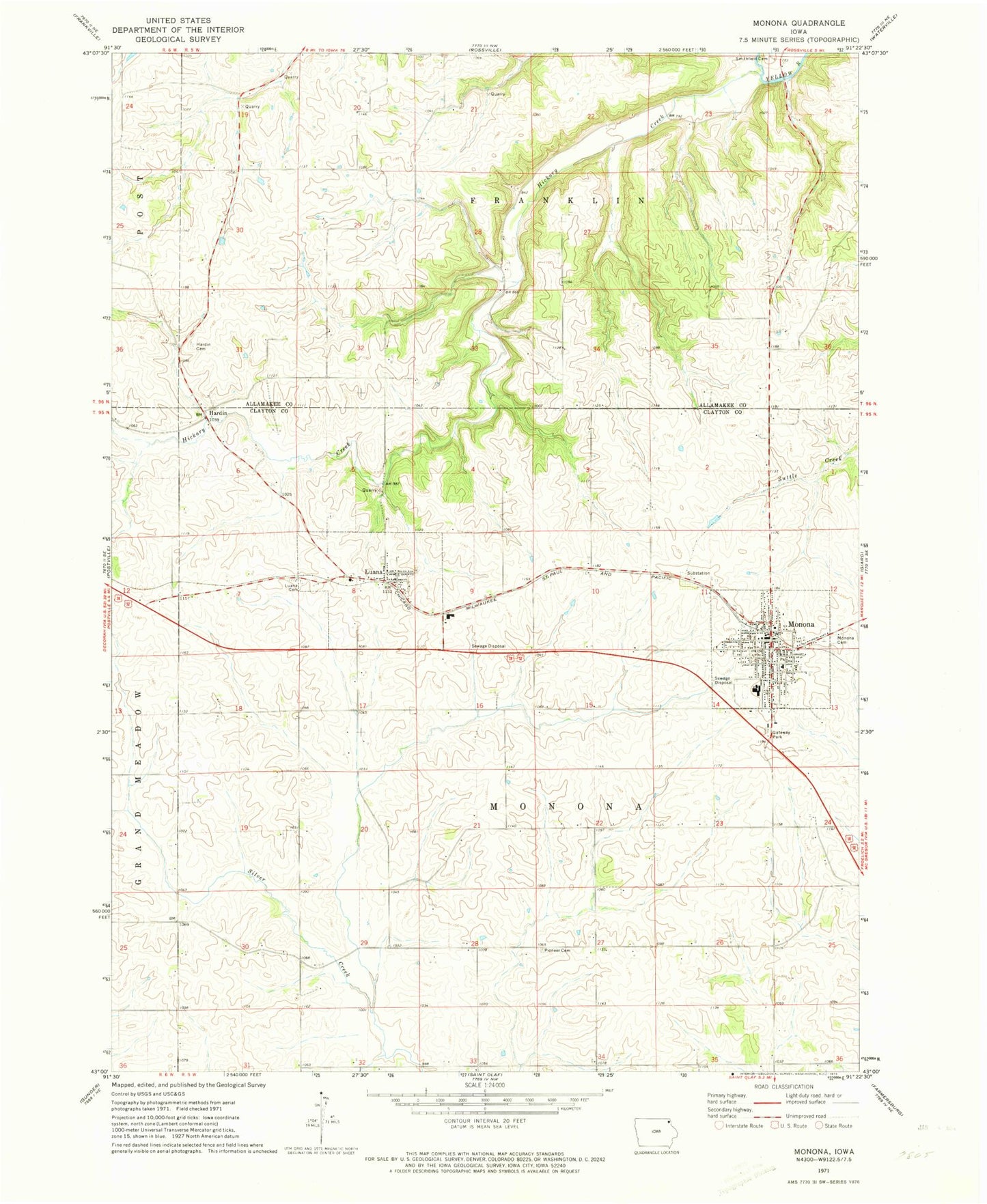 Classic USGS Monona Iowa 7.5'x7.5' Topo Map Image