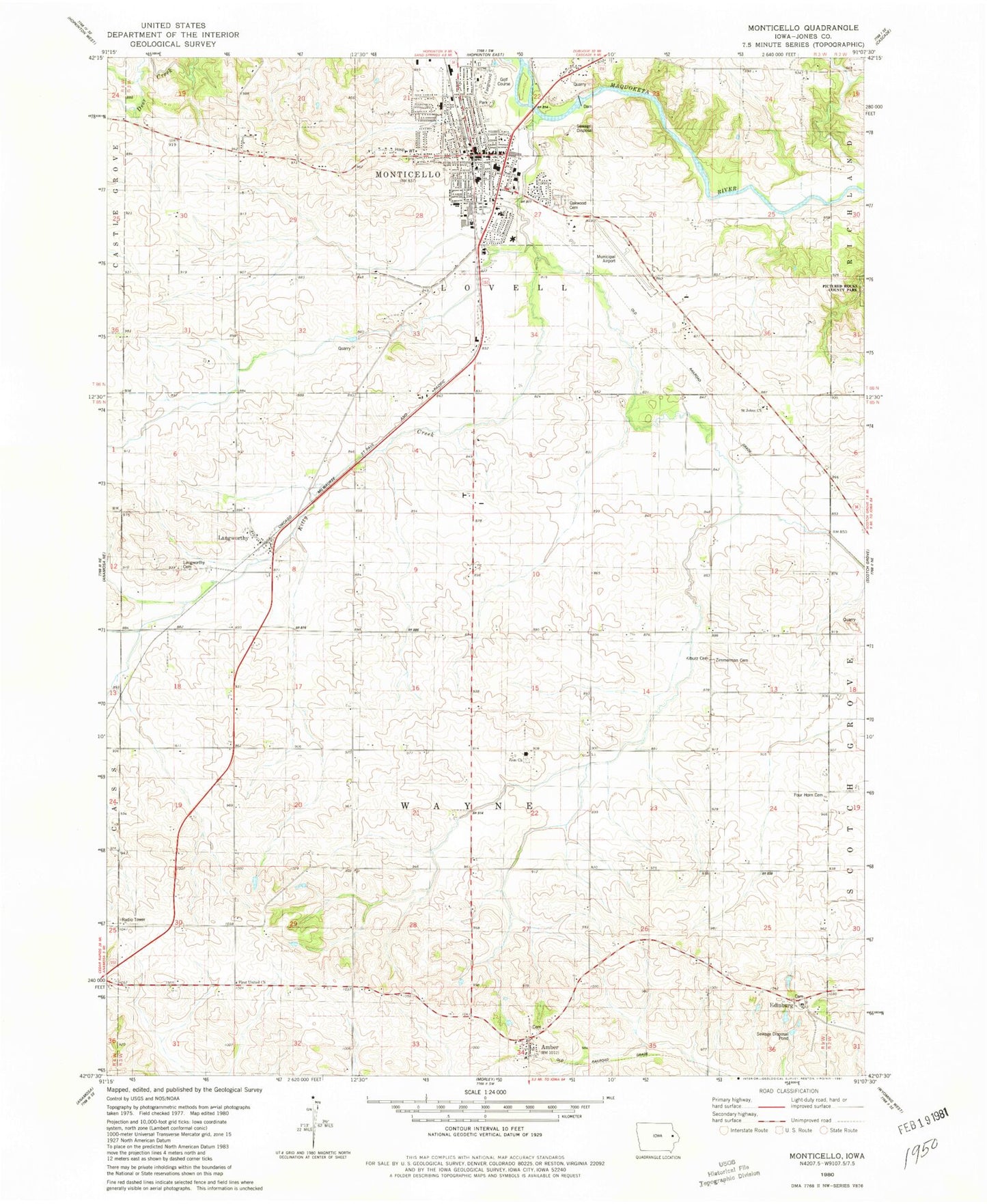 Classic USGS Monticello Iowa 7.5'x7.5' Topo Map Image