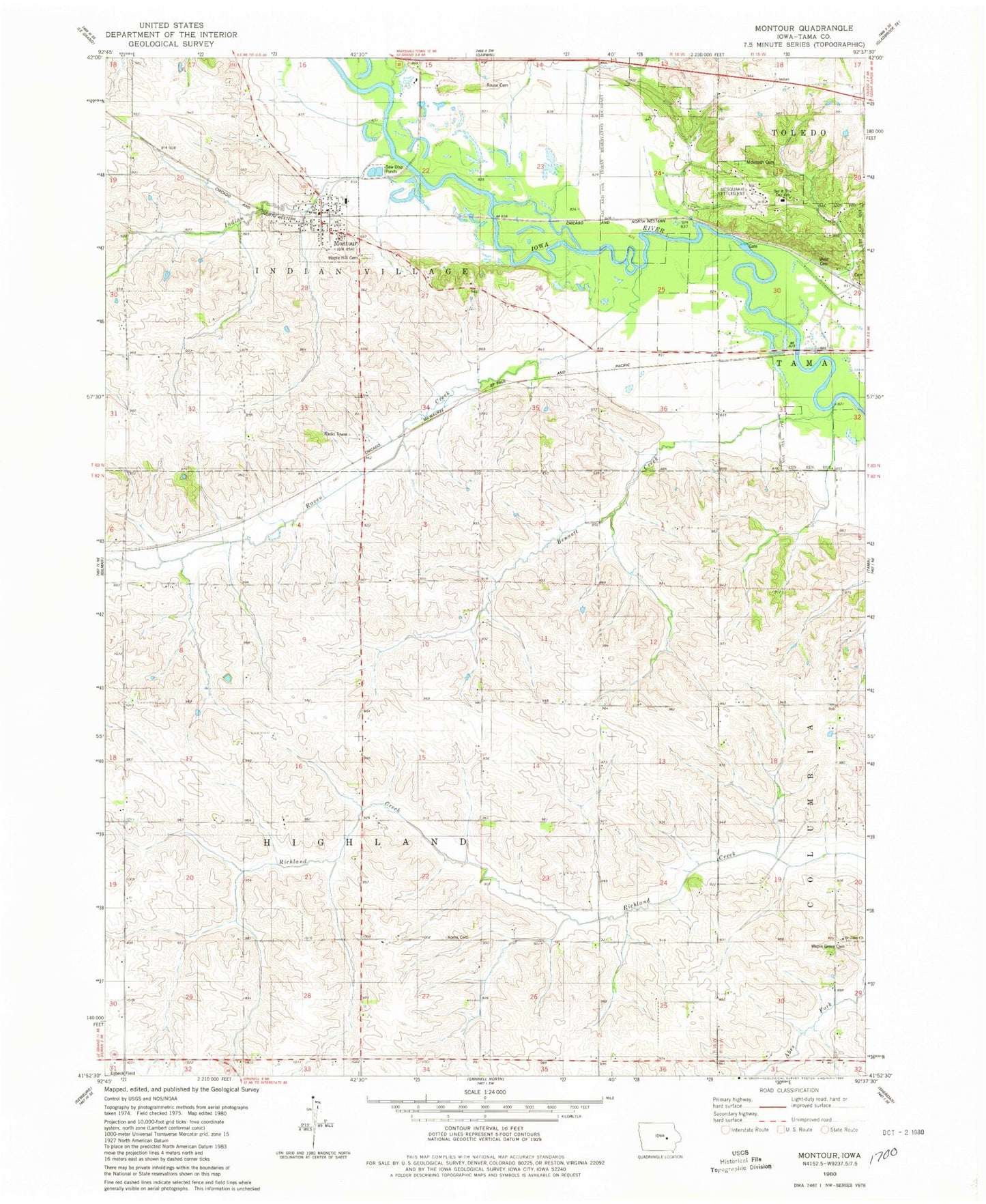 Classic USGS Montour Iowa 7.5'x7.5' Topo Map Image