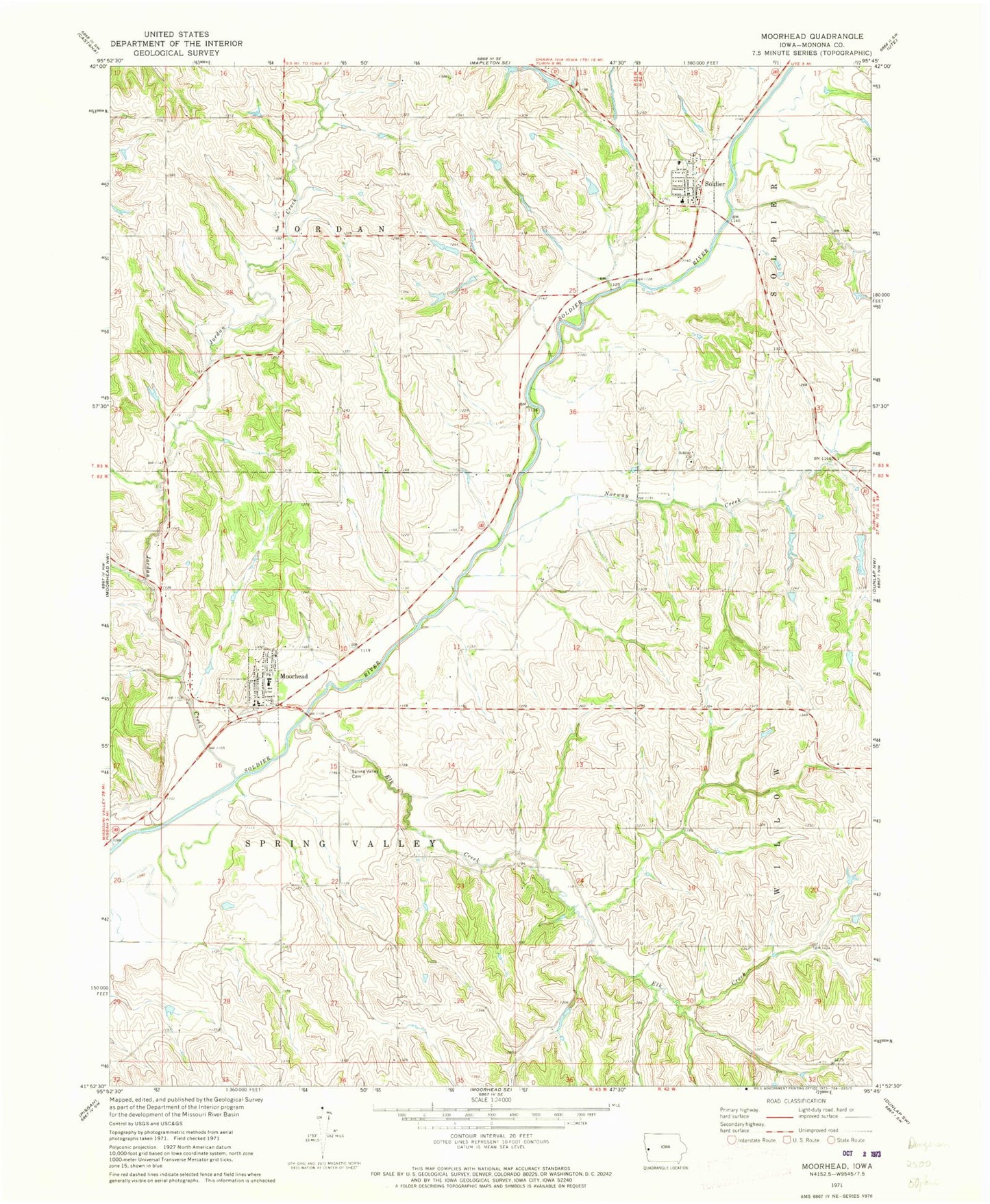 Classic USGS Moorhead Iowa 7.5'x7.5' Topo Map Image