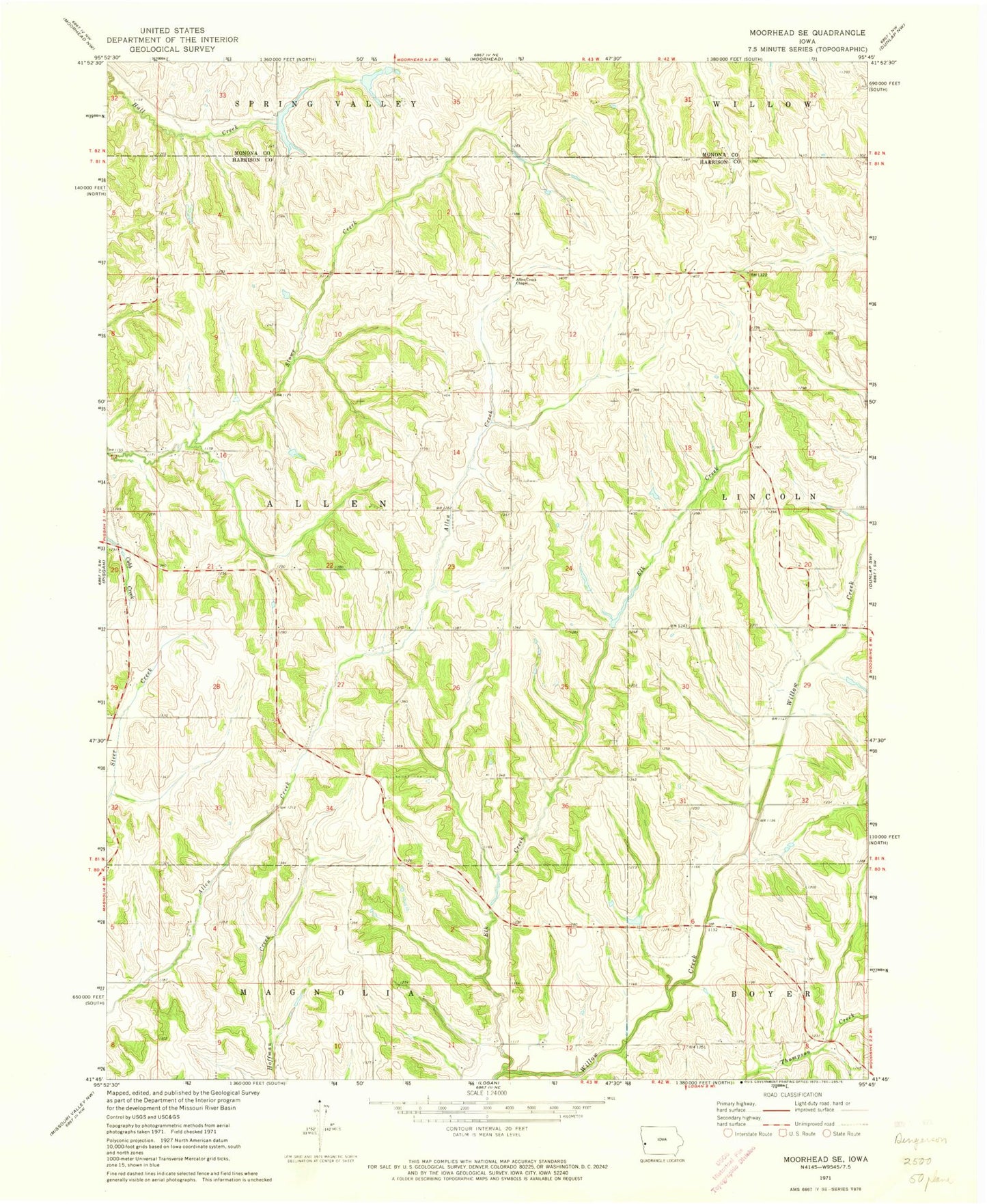 Classic USGS Moorhead SE Iowa 7.5'x7.5' Topo Map Image