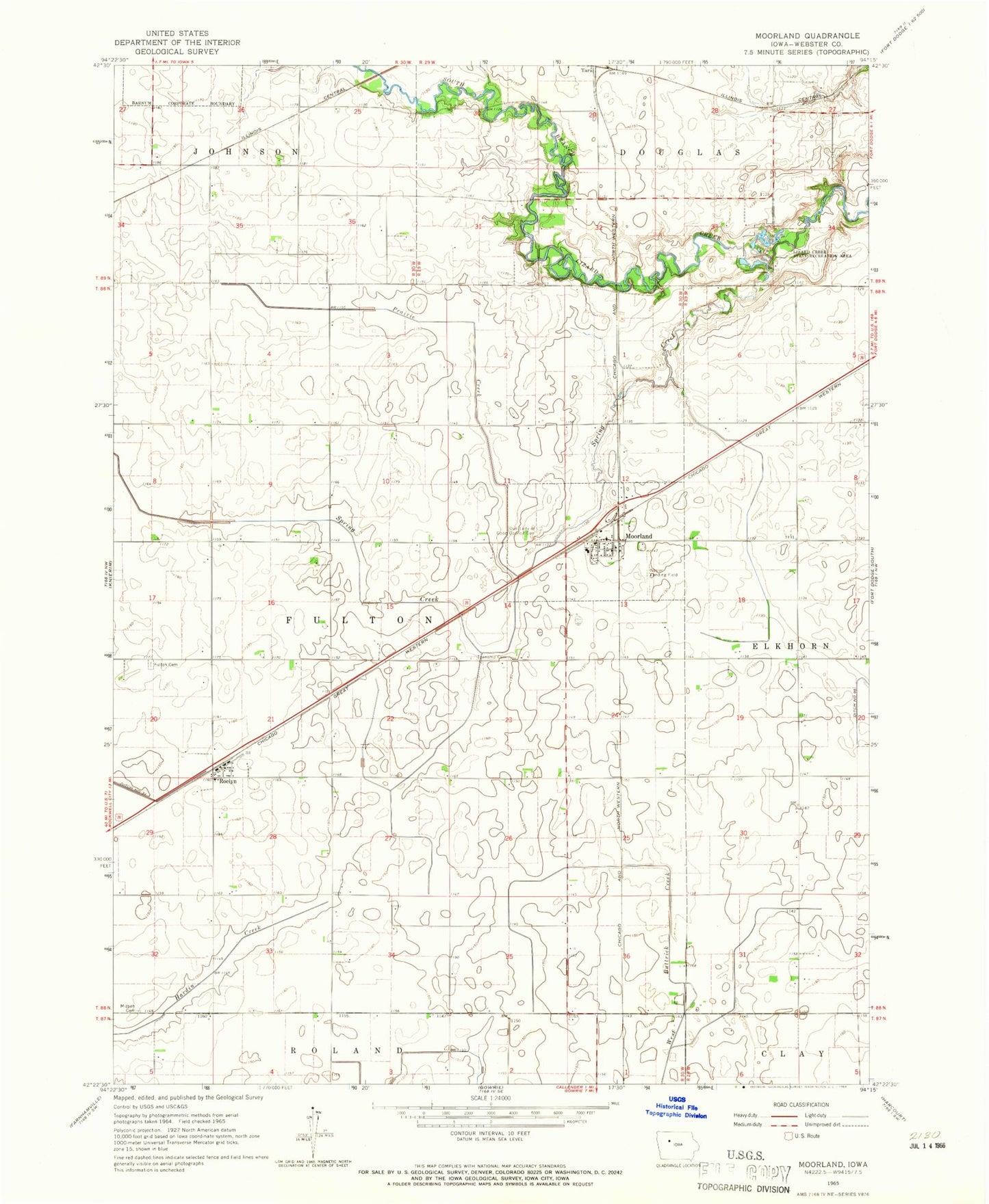 Classic USGS Moorland Iowa 7.5'x7.5' Topo Map Image