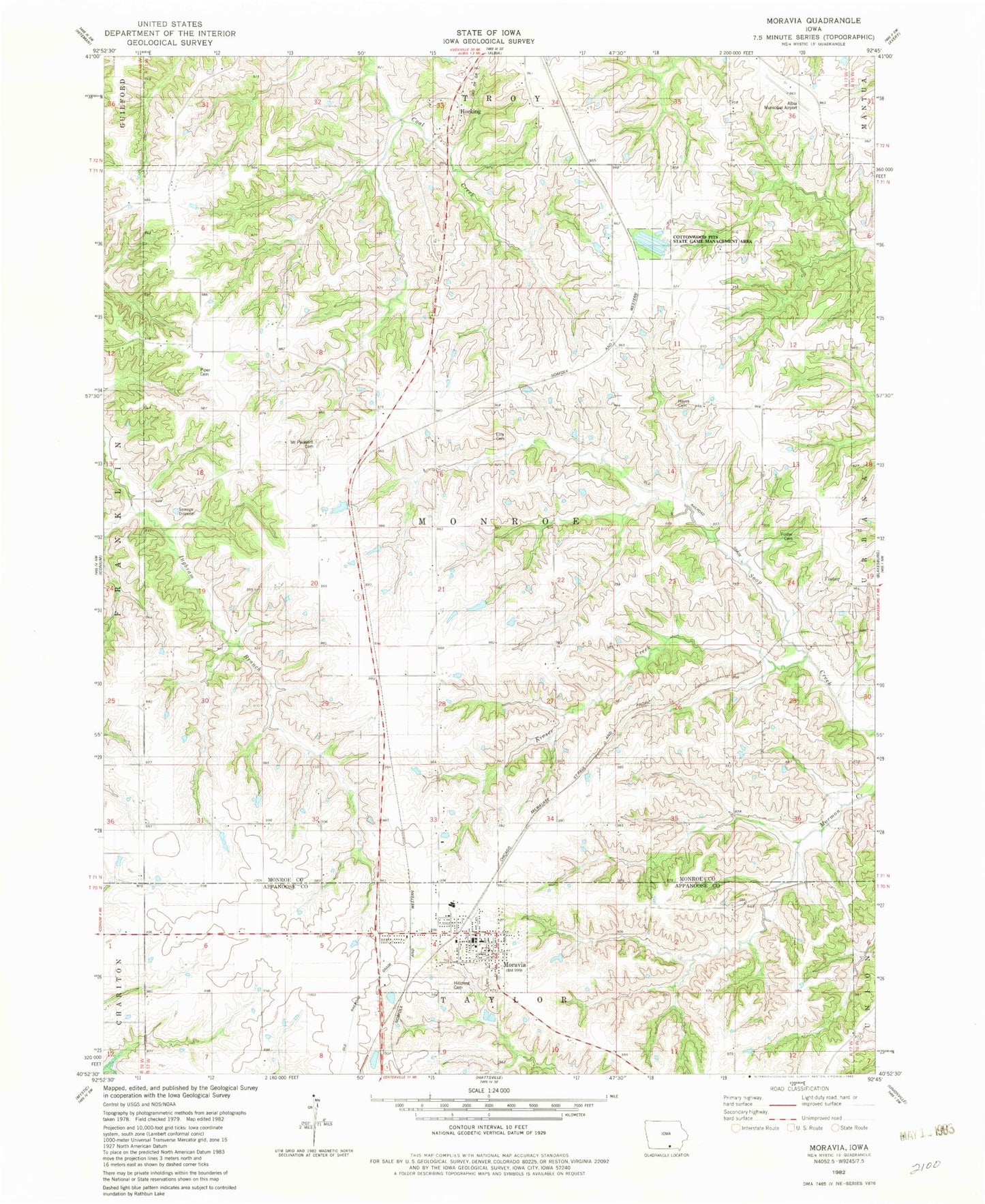 Classic USGS Moravia Iowa 7.5'x7.5' Topo Map Image