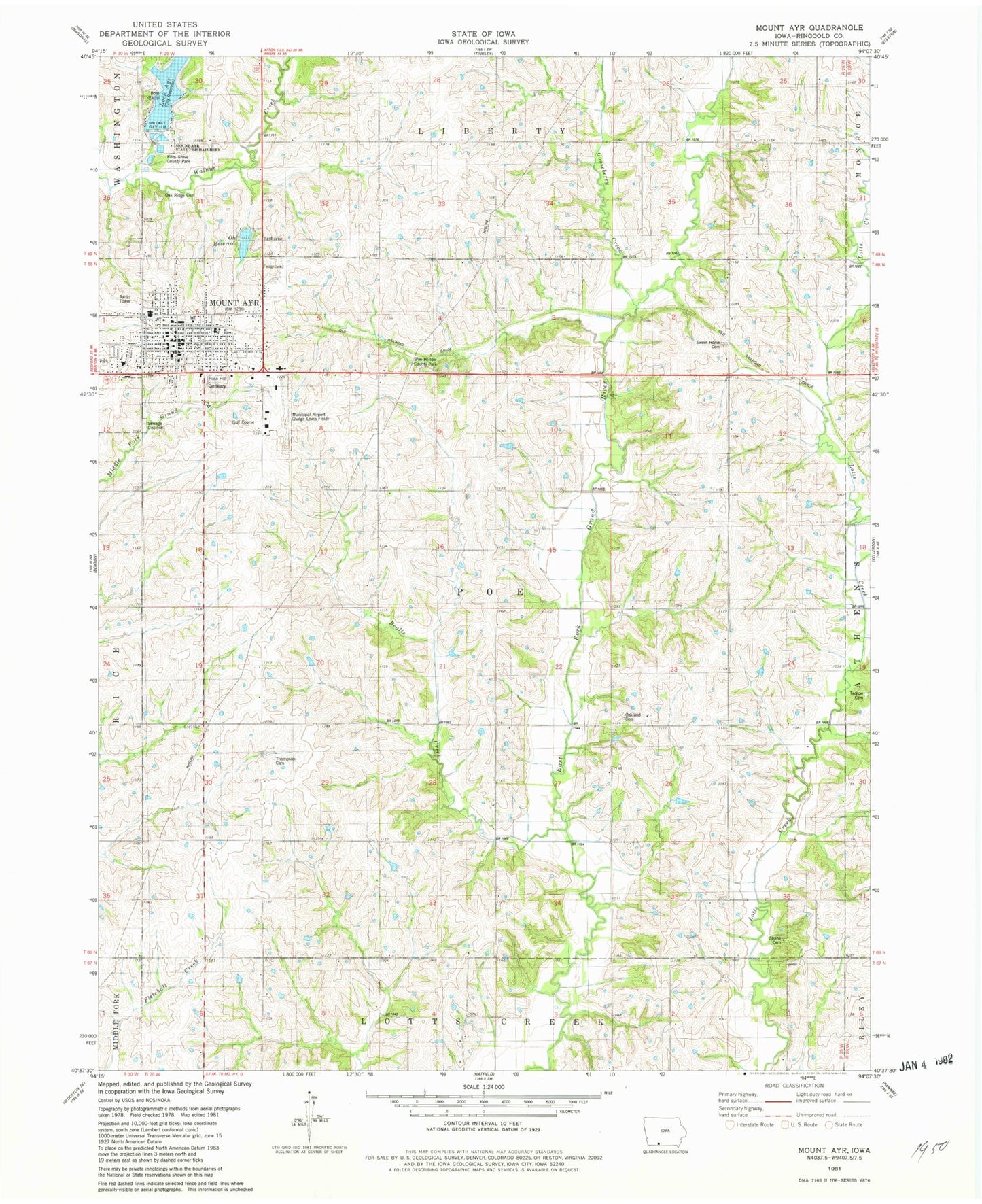 Classic USGS Mount Ayr Iowa 7.5'x7.5' Topo Map Image