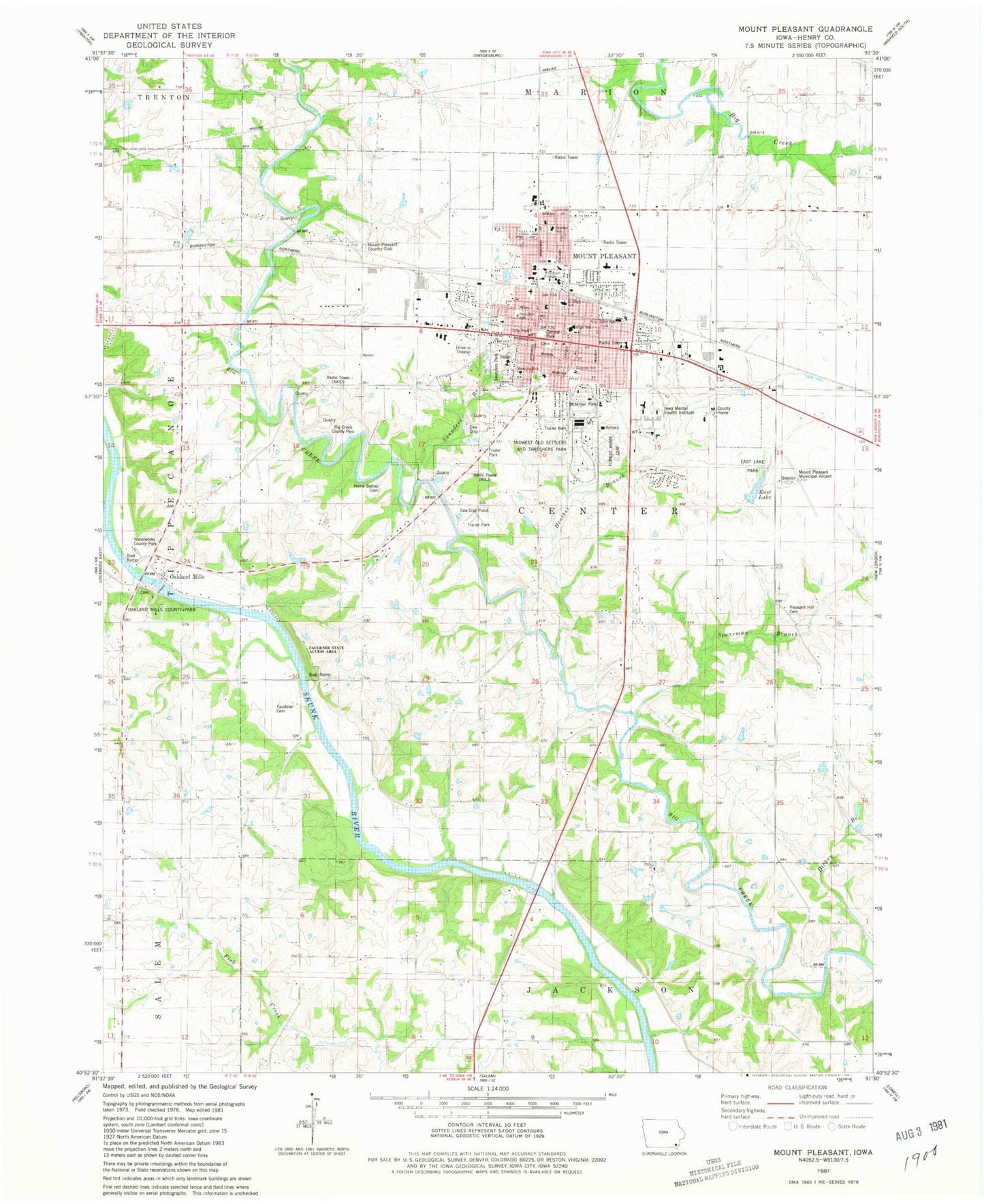 Classic USGS Mount Pleasant Iowa 7.5'x7.5' Topo Map Image