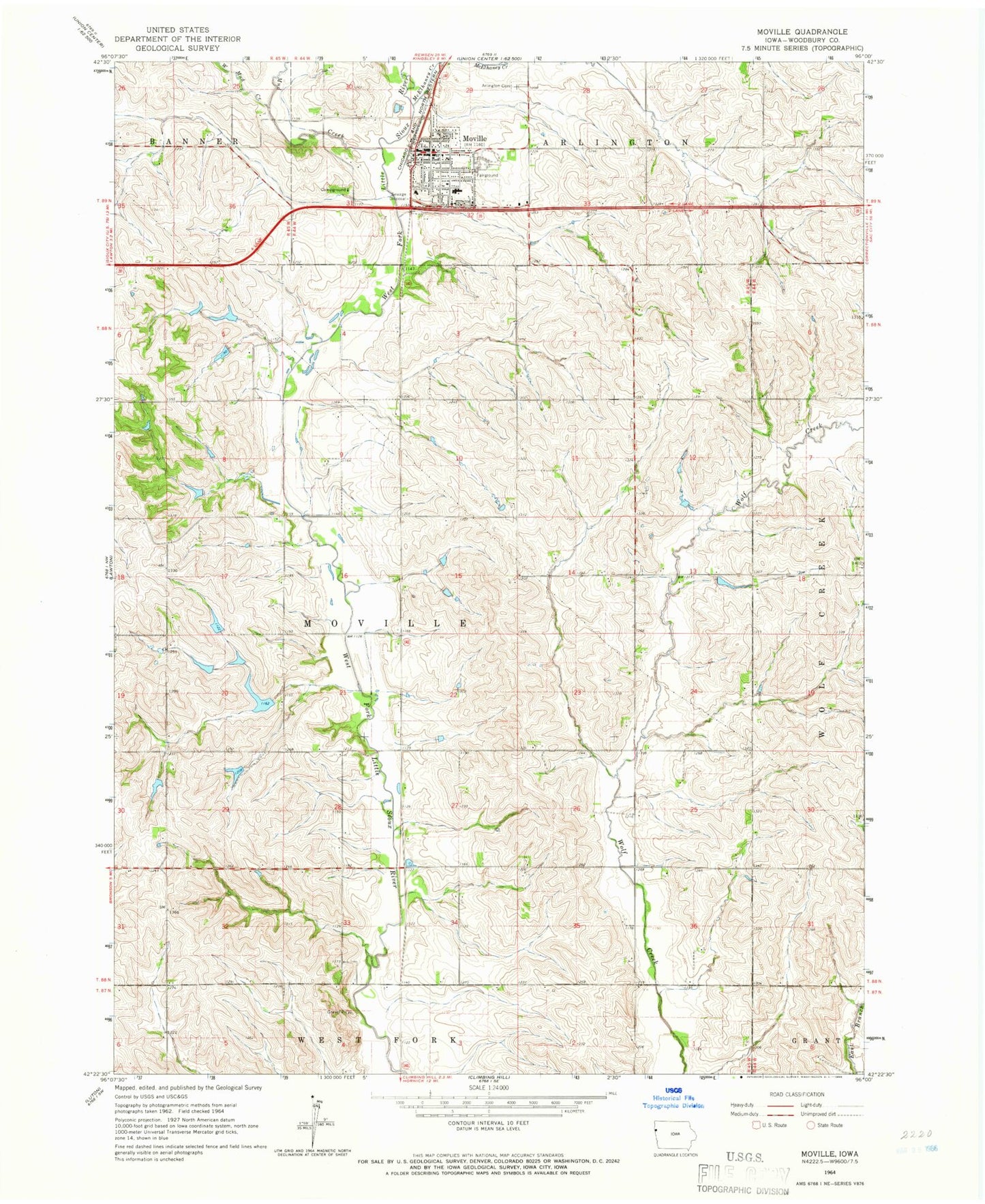 Classic USGS Moville Iowa 7.5'x7.5' Topo Map Image