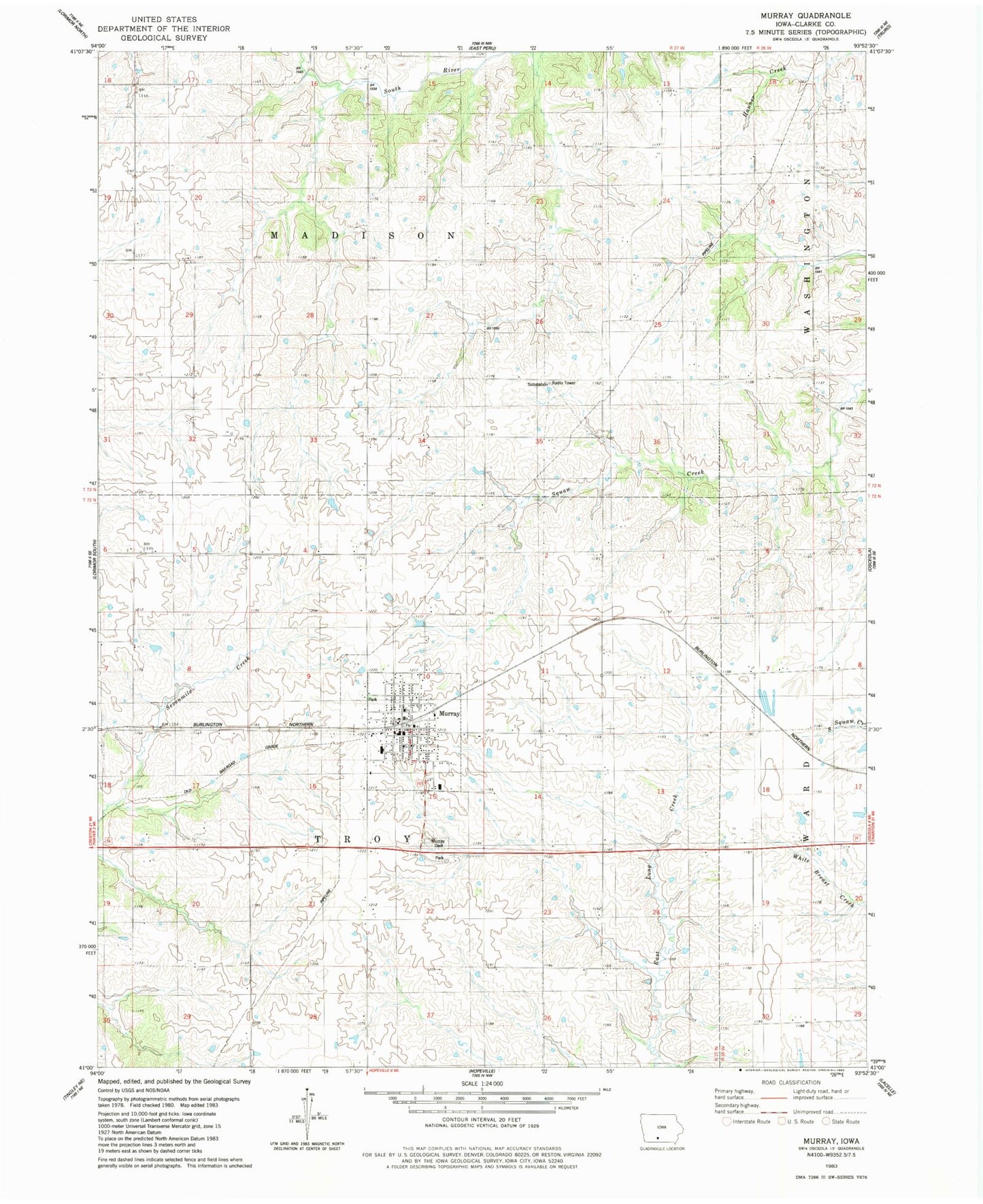 Classic USGS Murray Iowa 7.5'x7.5' Topo Map Image
