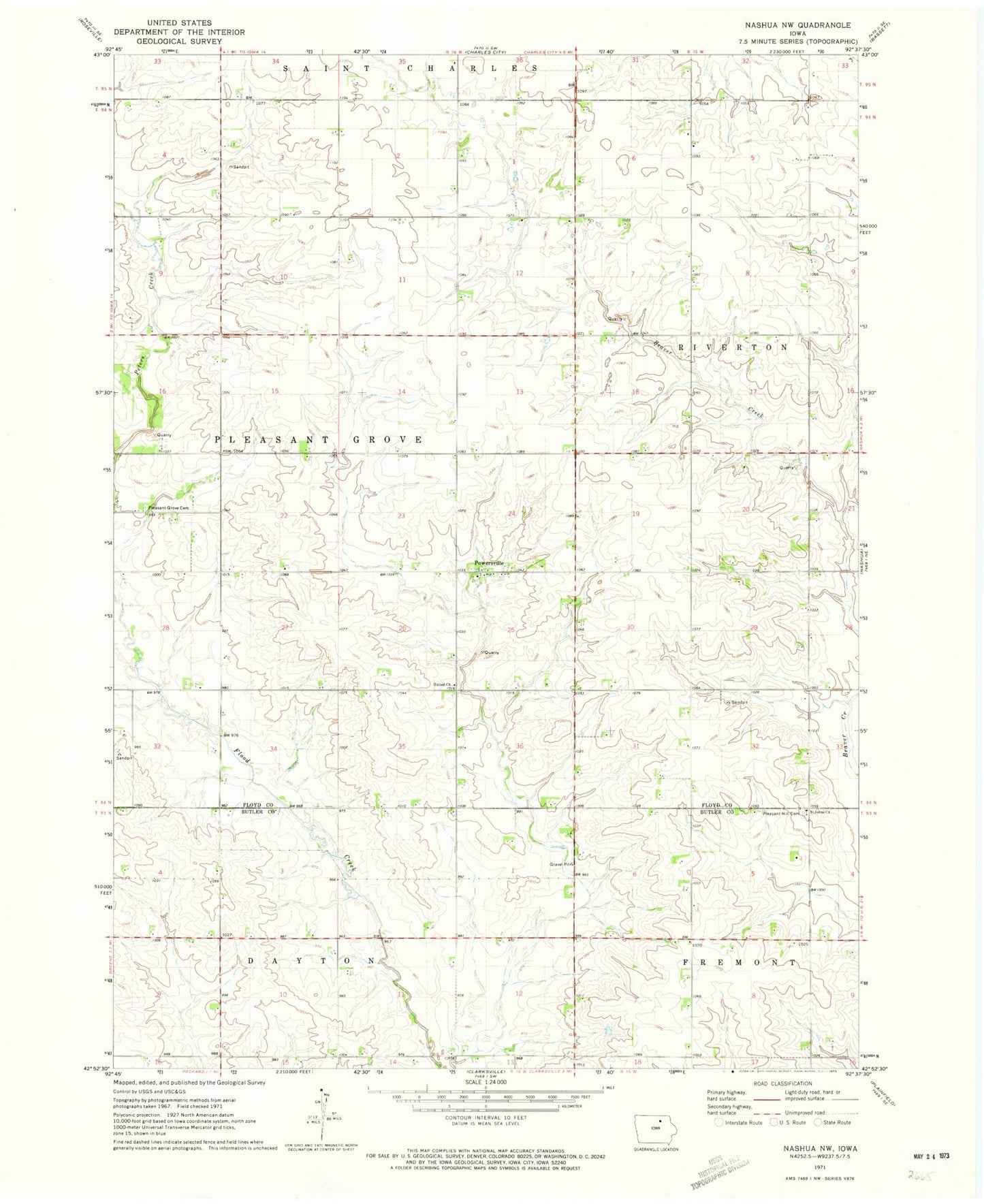 Classic USGS Nashua NW Iowa 7.5'x7.5' Topo Map Image
