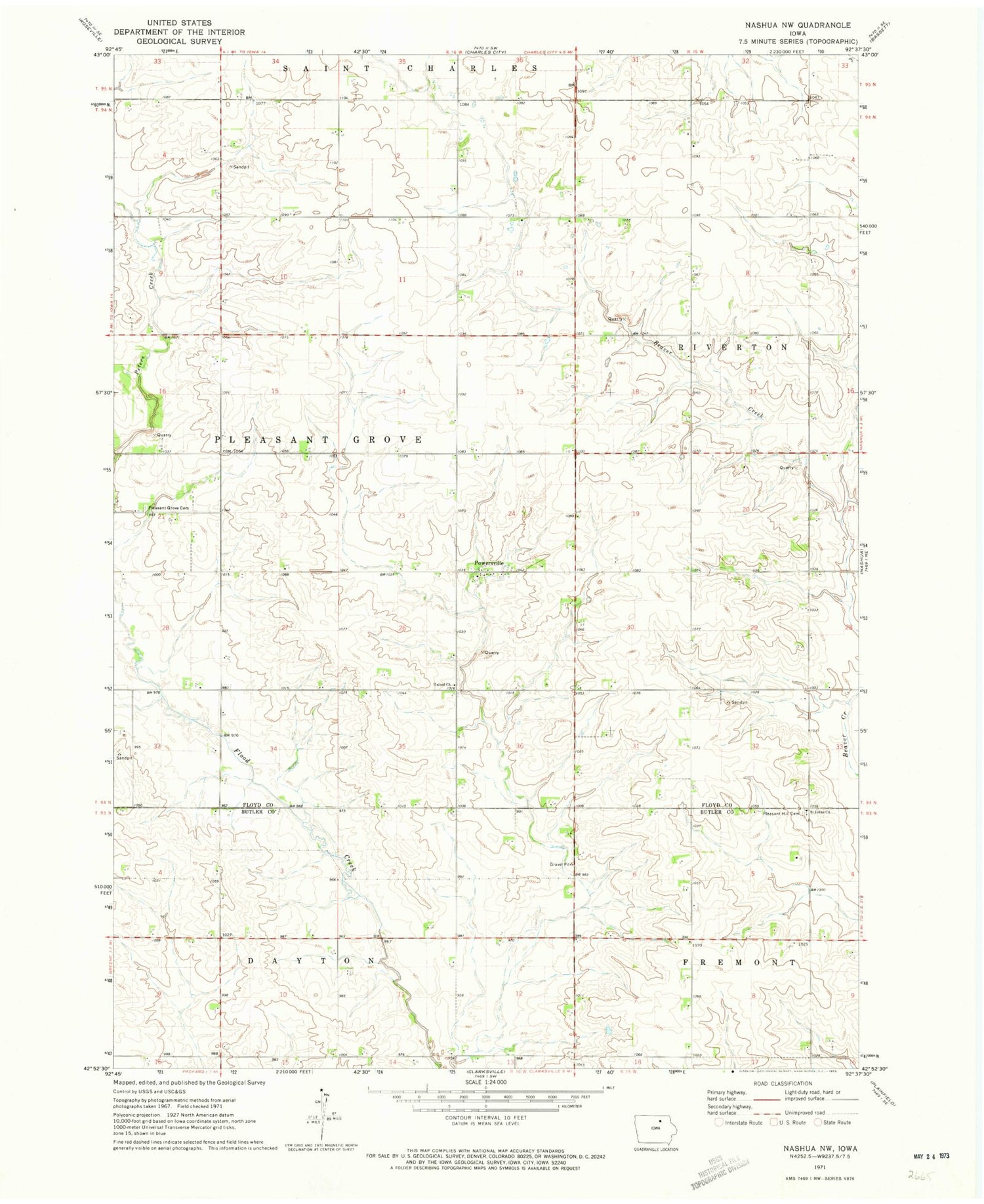 Classic USGS Nashua NW Iowa 7.5'x7.5' Topo Map Image