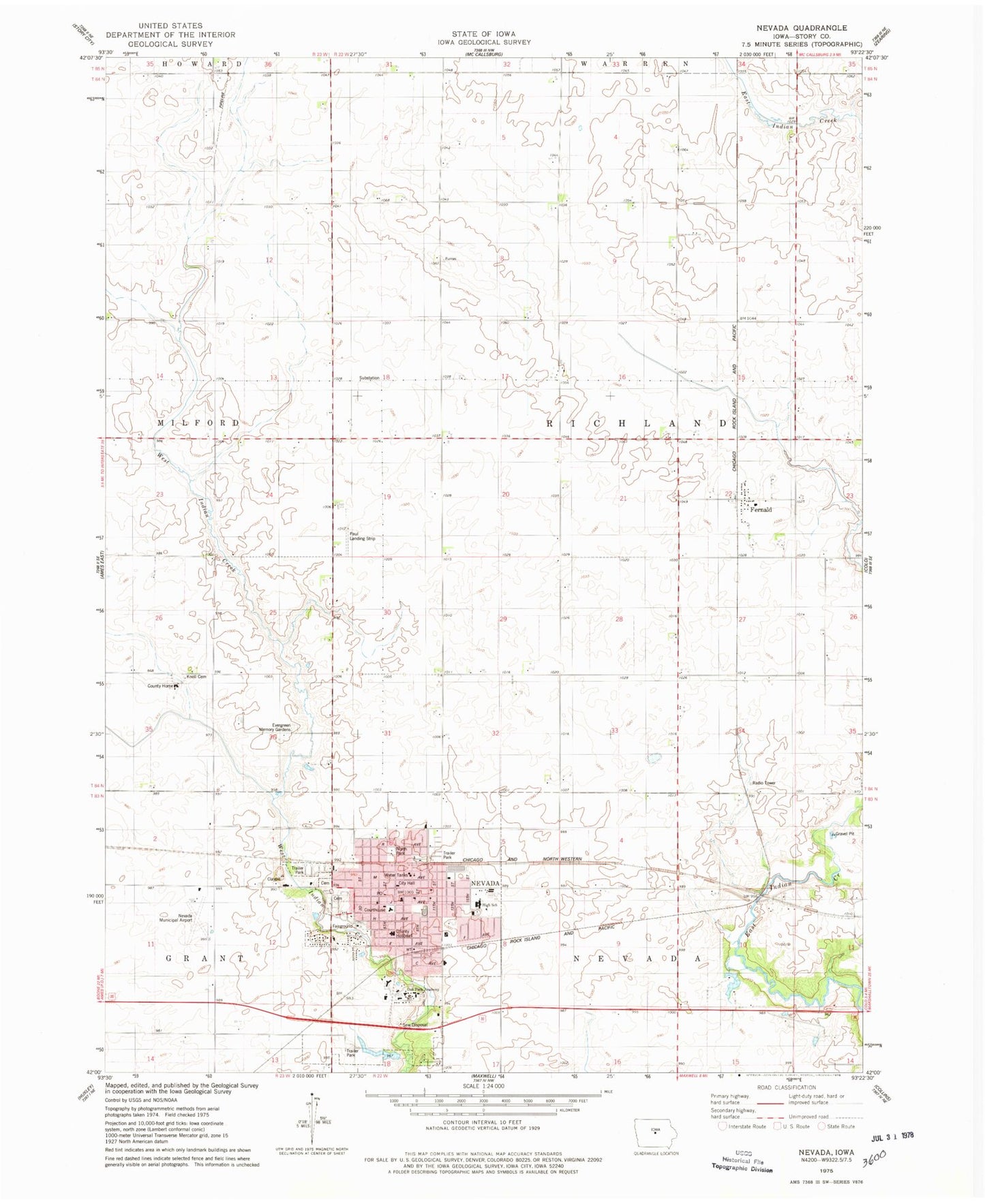 Classic USGS Nevada Iowa 7.5'x7.5' Topo Map Image