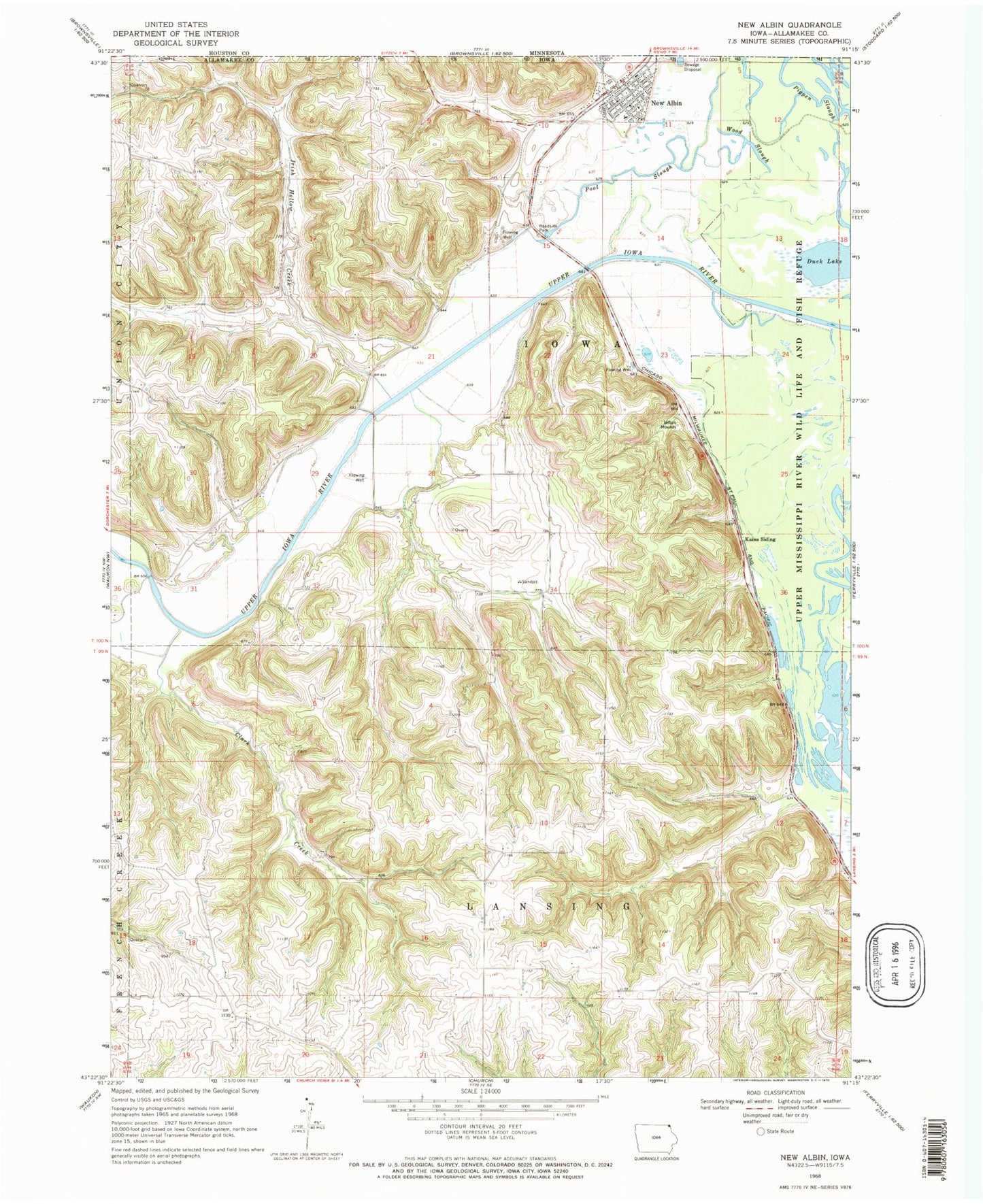 Classic USGS New Albin Iowa 7.5'x7.5' Topo Map Image