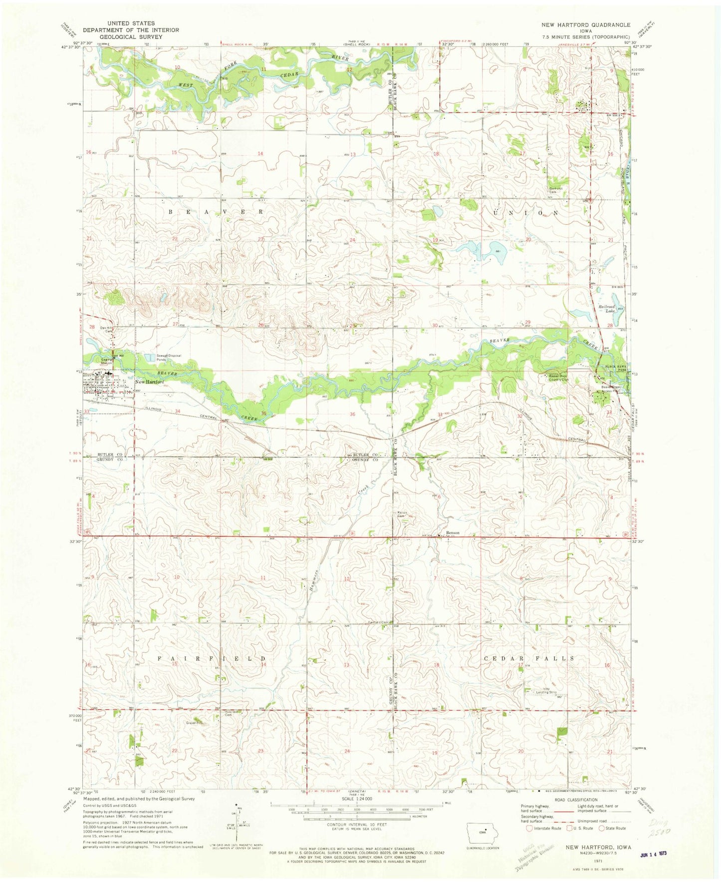 Classic USGS New Hartford Iowa 7.5'x7.5' Topo Map Image
