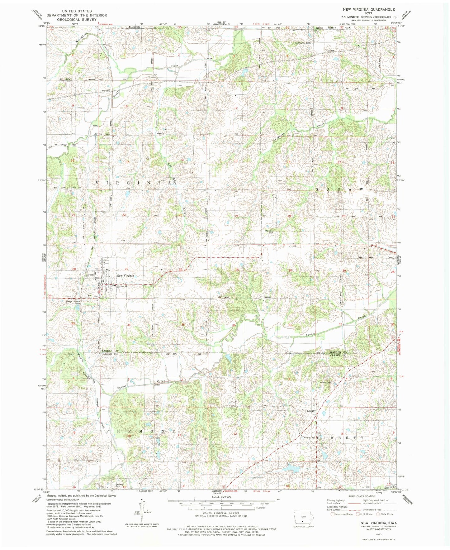 Classic USGS New Virginia Iowa 7.5'x7.5' Topo Map Image