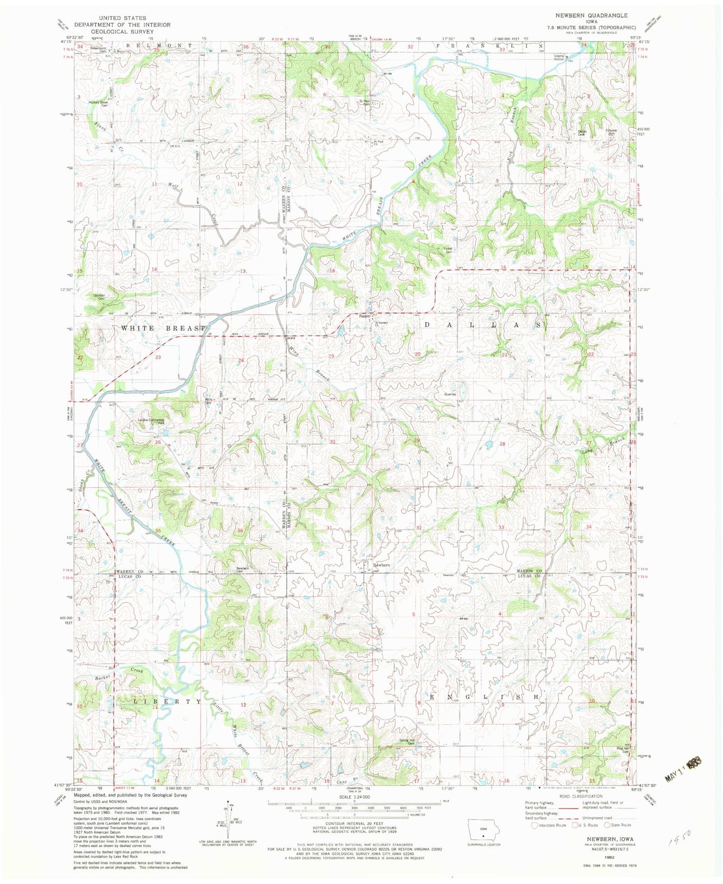 Classic USGS Newbern Iowa 7.5'x7.5' Topo Map Image