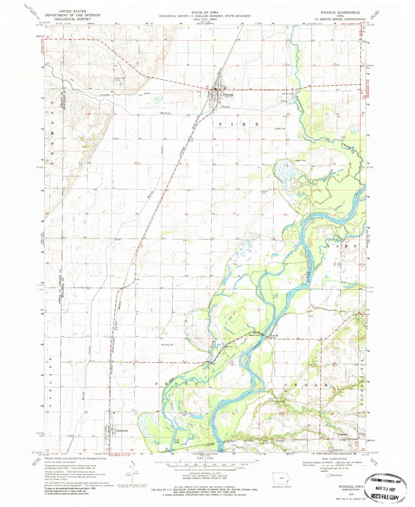 Classic USGS Nichols Iowa 7.5'x7.5' Topo Map Image