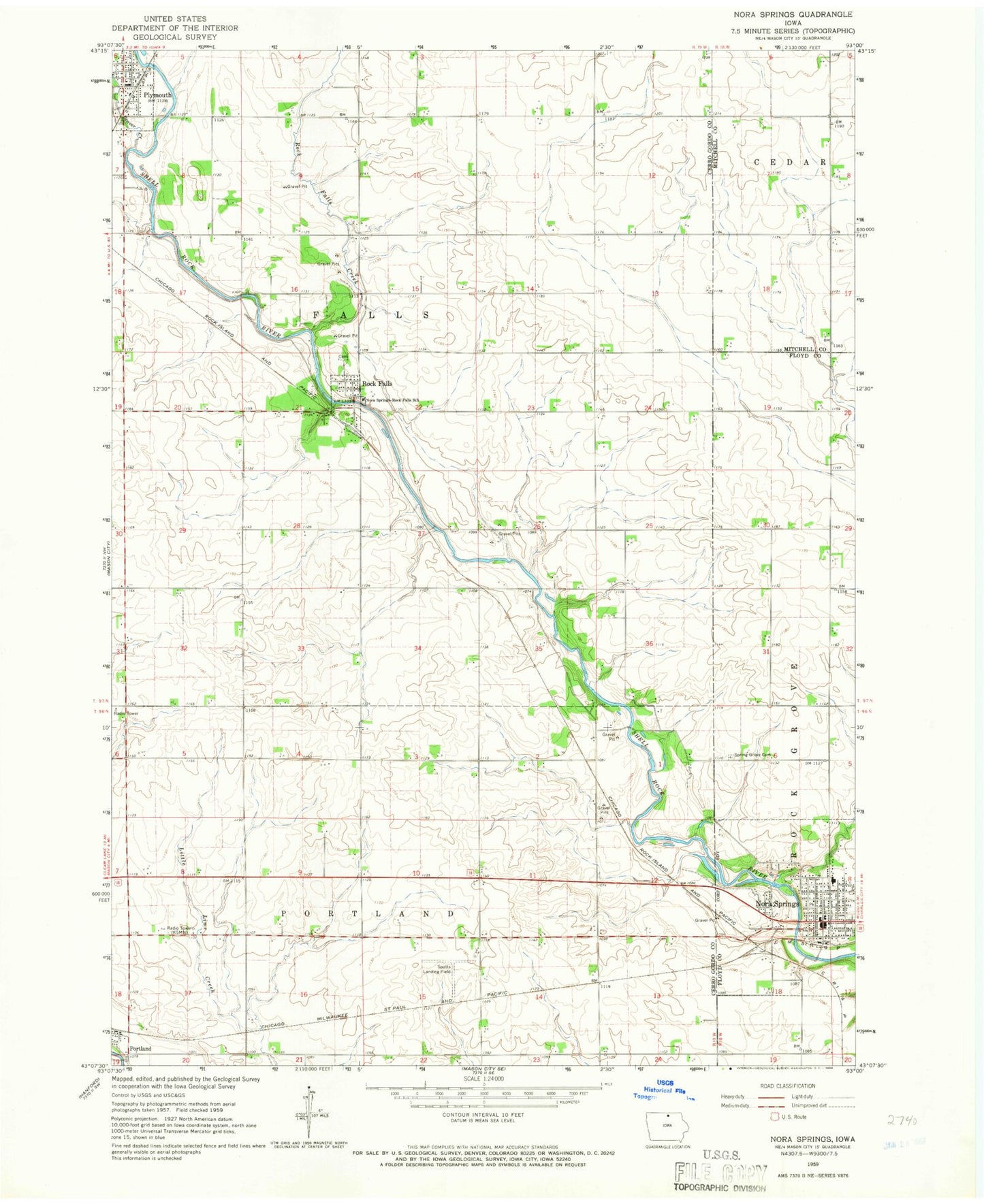 Classic USGS Nora Springs Iowa 7.5'x7.5' Topo Map Image