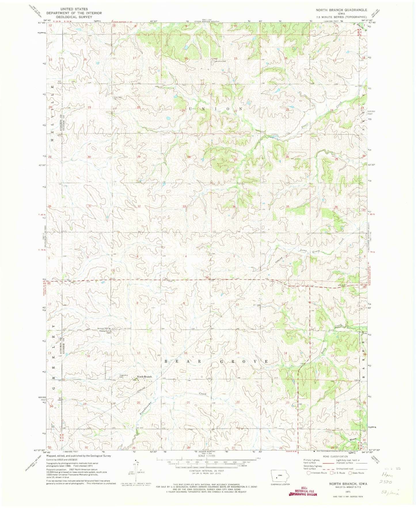 Classic USGS North Branch Iowa 7.5'x7.5' Topo Map Image