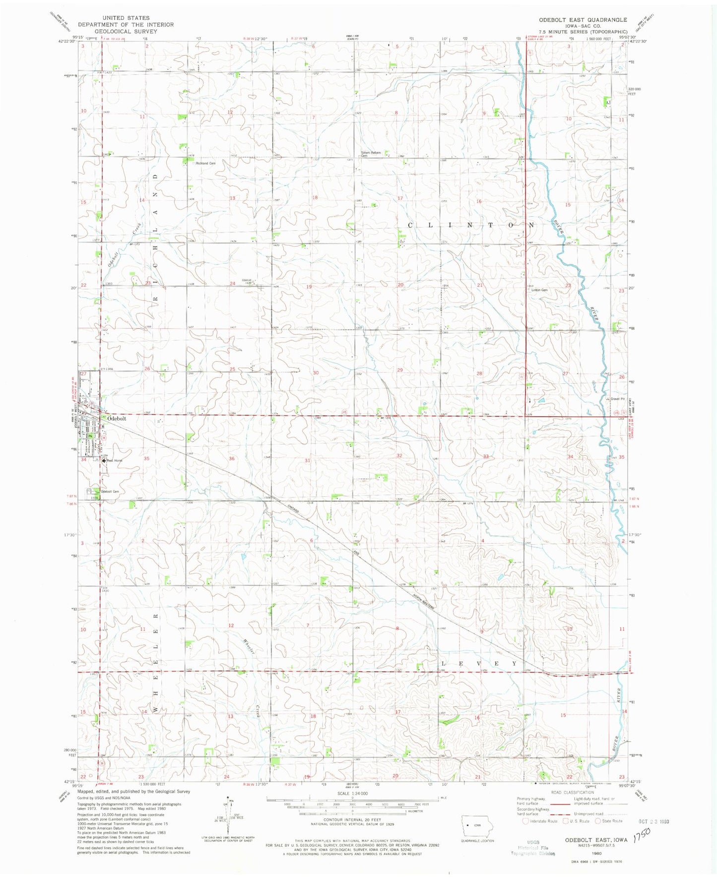 Classic USGS Odebolt East Iowa 7.5'x7.5' Topo Map Image