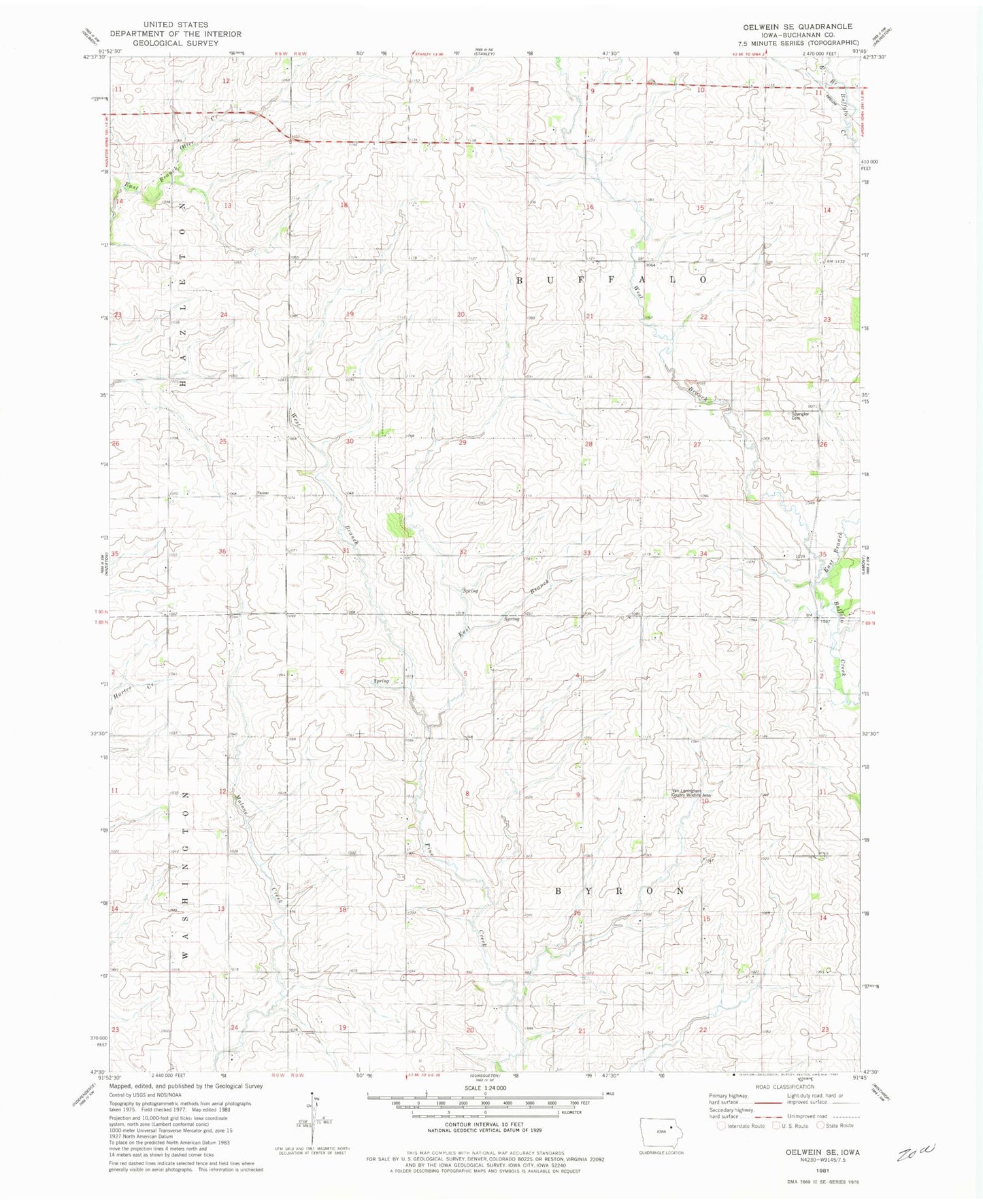Classic USGS Oelwein SE Iowa 7.5'x7.5' Topo Map Image