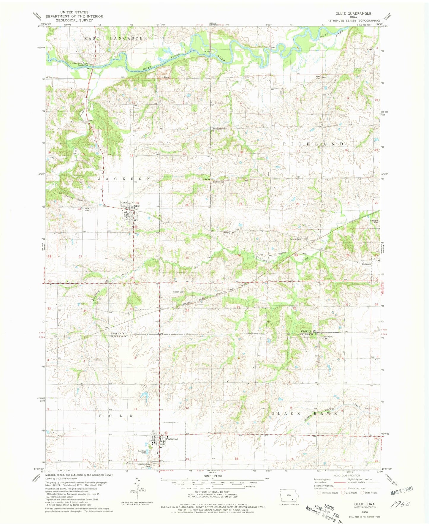 Classic USGS Ollie Iowa 7.5'x7.5' Topo Map Image