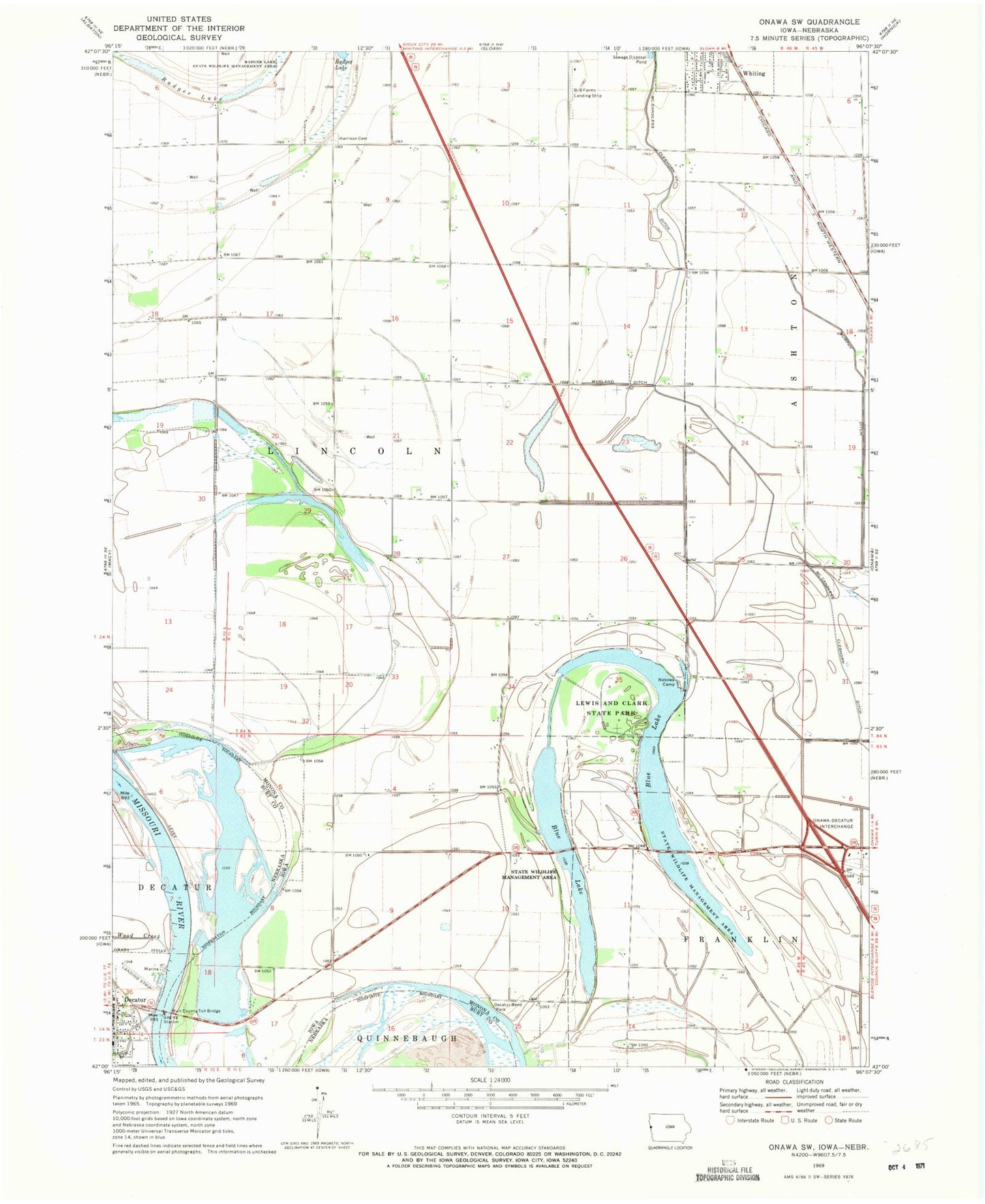 Classic USGS Onawa SW Iowa 7.5'x7.5' Topo Map Image