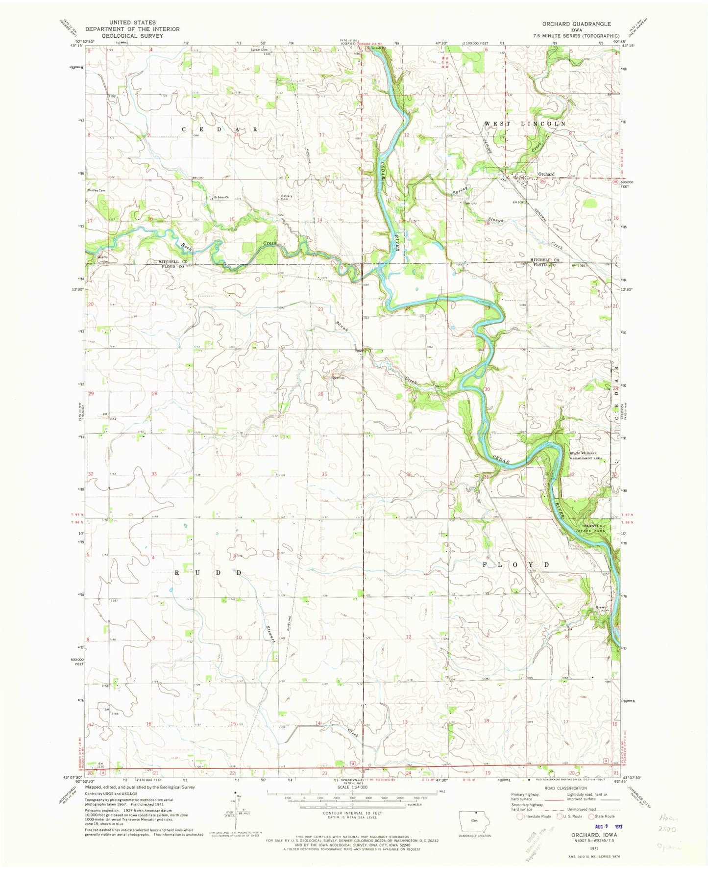 Classic USGS Orchard Iowa 7.5'x7.5' Topo Map Image