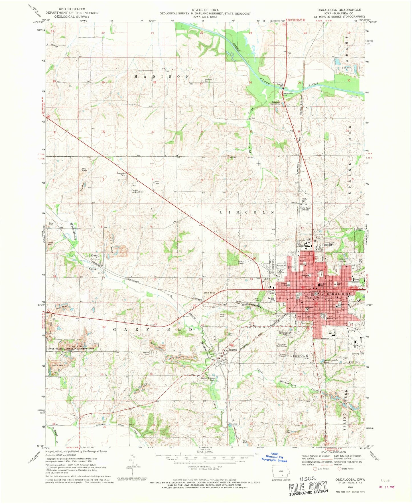 Classic USGS Oskaloosa Iowa 7.5'x7.5' Topo Map Image