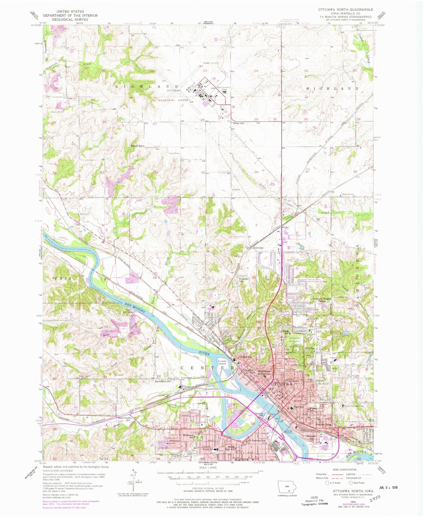 Classic USGS Ottumwa North Iowa 7.5'x7.5' Topo Map Image