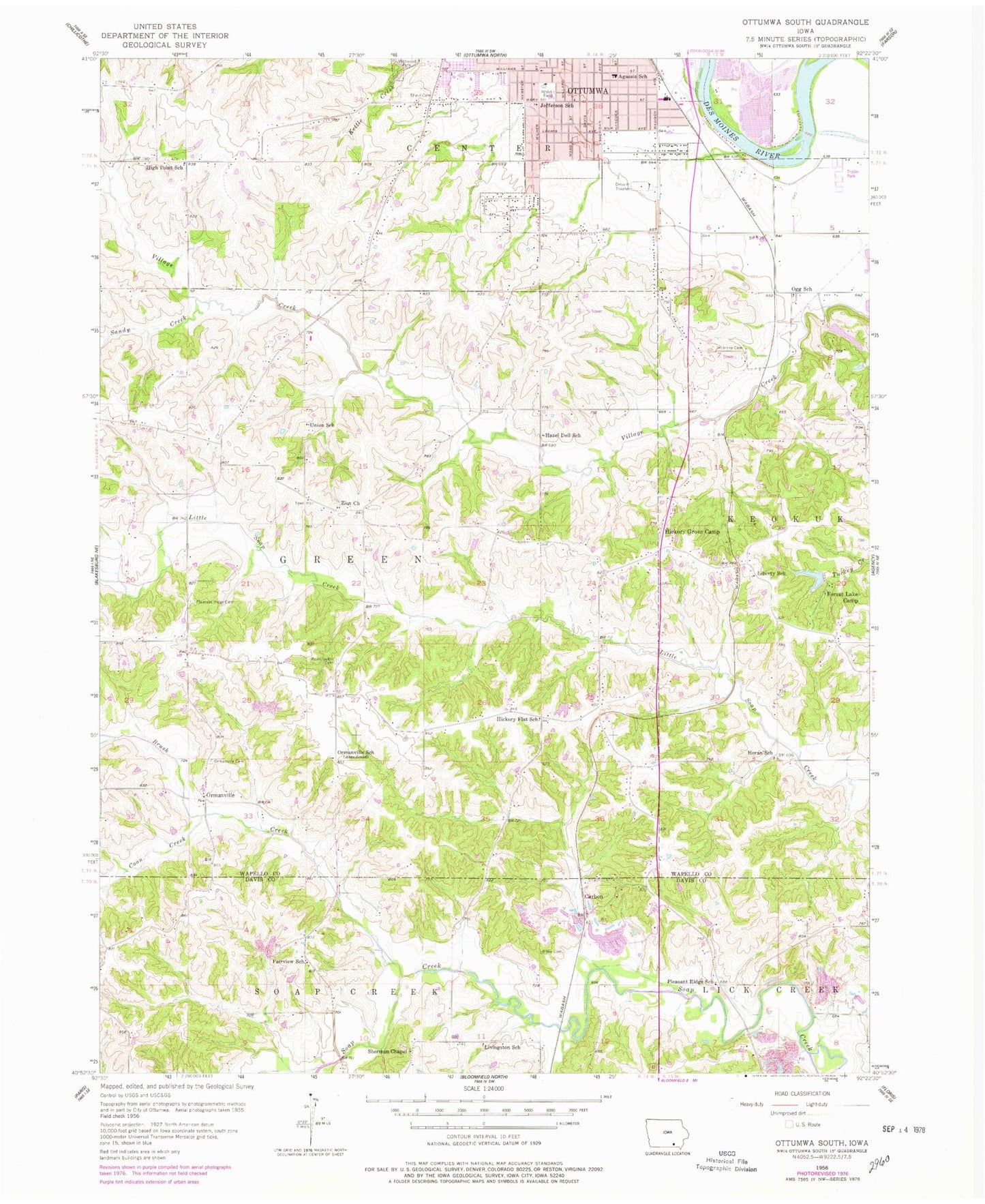 Classic USGS Ottumwa South Iowa 7.5'x7.5' Topo Map Image
