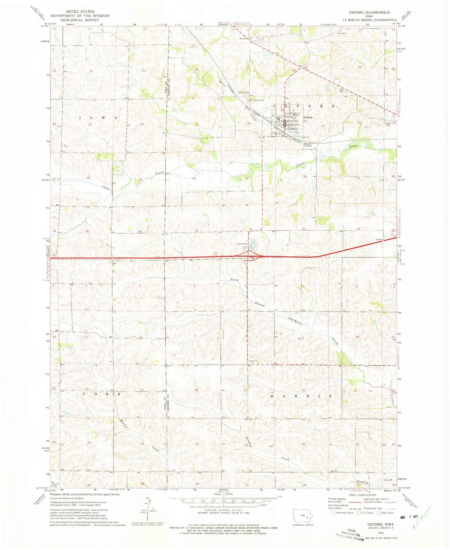 Classic USGS Oxford Iowa 7.5'x7.5' Topo Map Image
